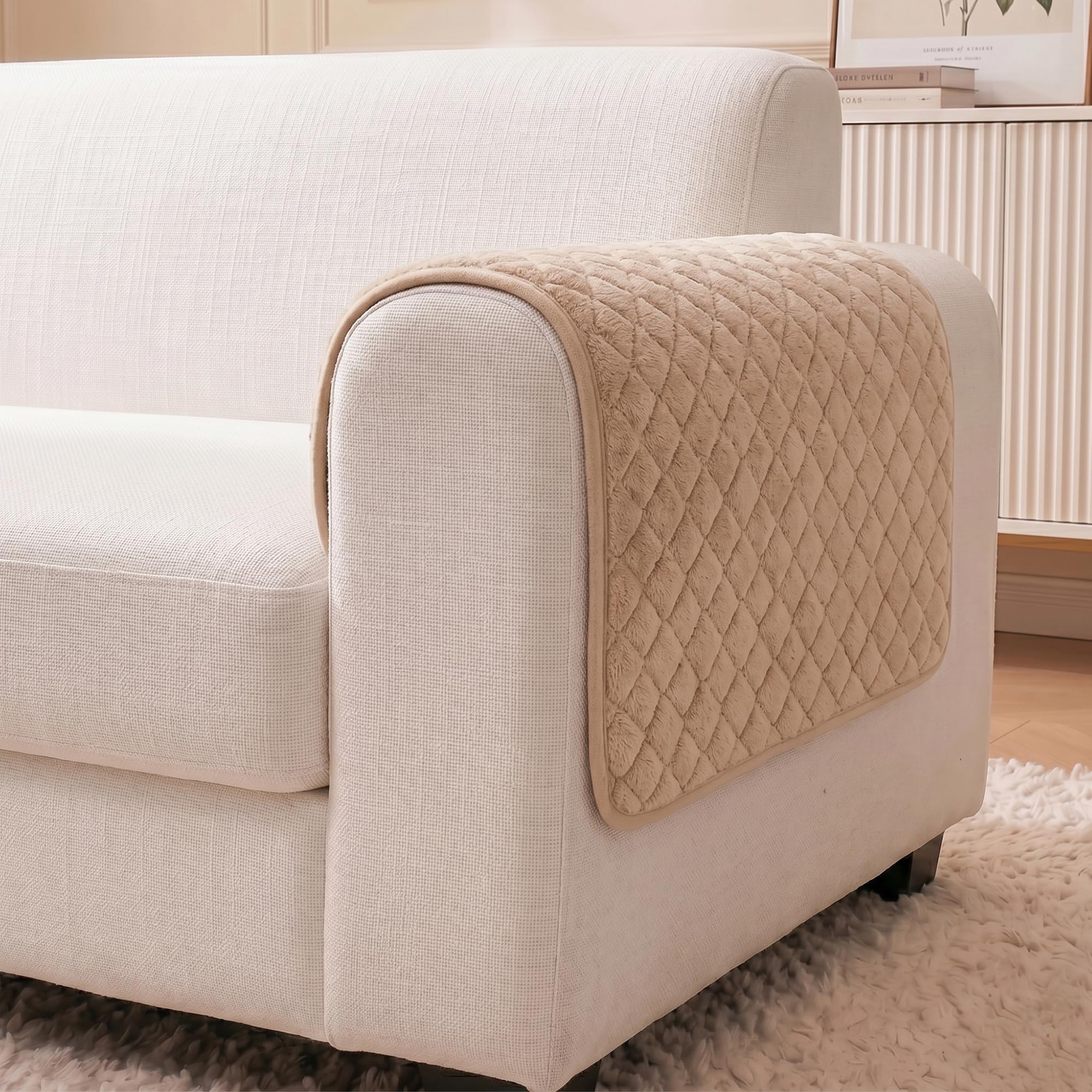 Story@Home Premium Quilted Sofa Armrest Covers | Anti-Slip Armrest Covers for Sofa | 1 Pair - 70(D) x 50(L) cm - Beige
