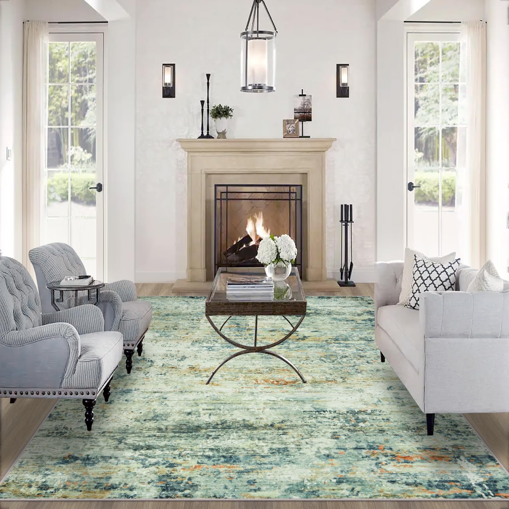 8x10 Area Rugs for Living Room: Large Machine Washable Area Rug with Non Slip Backing Non Shedding Abstract Stain Resistant Carpet for Bedroom Dining Room Nursery Home Office - Sage Green/Multi