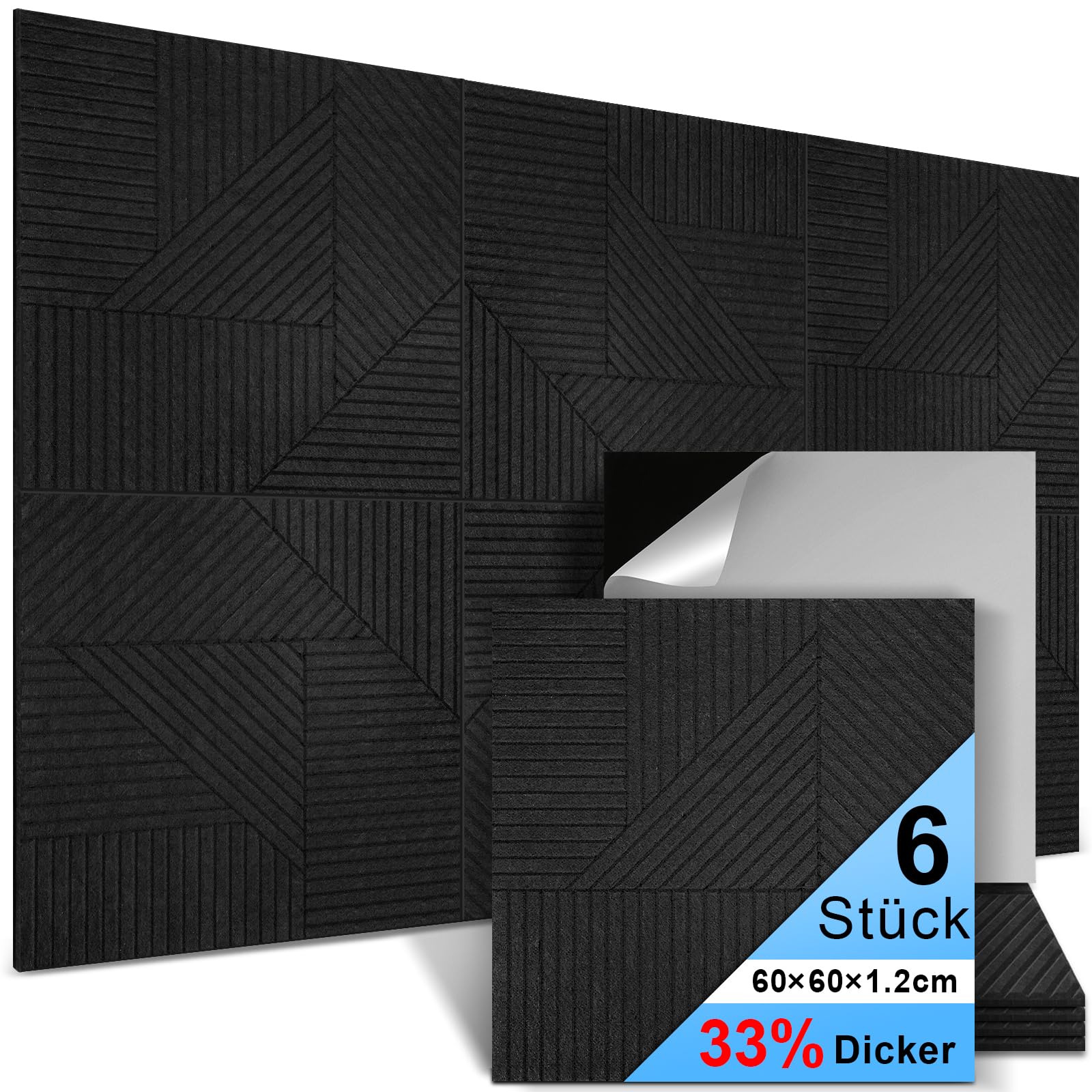 6 pannelli acustici autoadesivi 60 x 60 x 1,2 cm, pannelli acustici in poliestere per isolamento acustico, pannelli fonoassorbenti ad alta densità, per studio, ufficio, nero