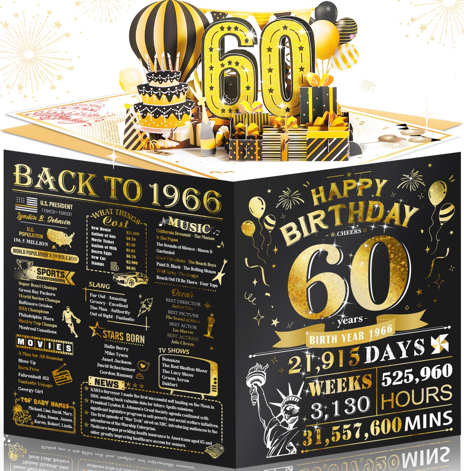 Aiunmiol 60th Birthday Card for Men Women, 3D Pop Up & Large 60th Birthday Gifts for Him Her, Back to 1966 Happy 60 Year Old Birthday Decorations for