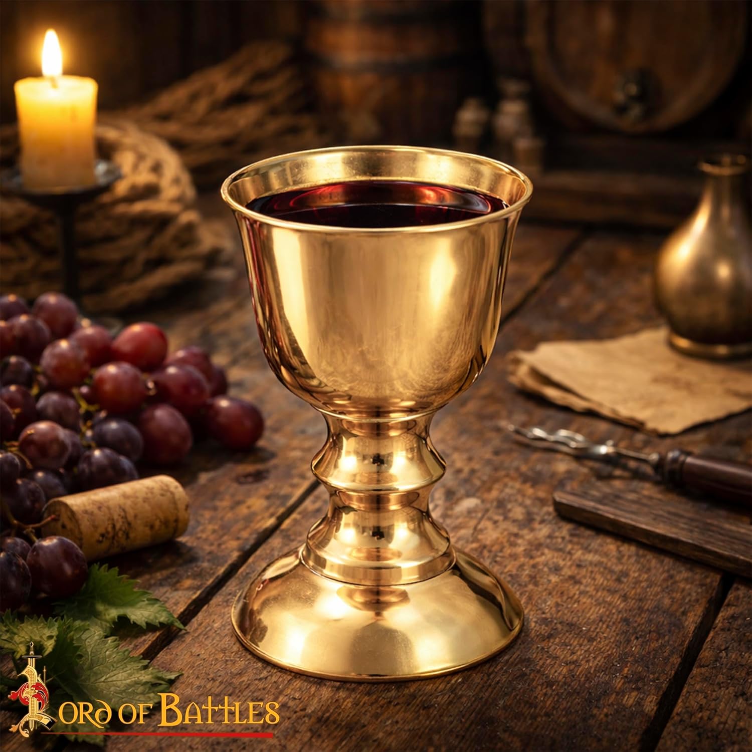 Lord of Battles Solid Brass Medieval Goblet - Gothic Vintage Chalice Royal Wine Glass for Weddings, Renaissance, Bar Decor (1 Piece) (100% Solid Brass, 200, Milliliters)