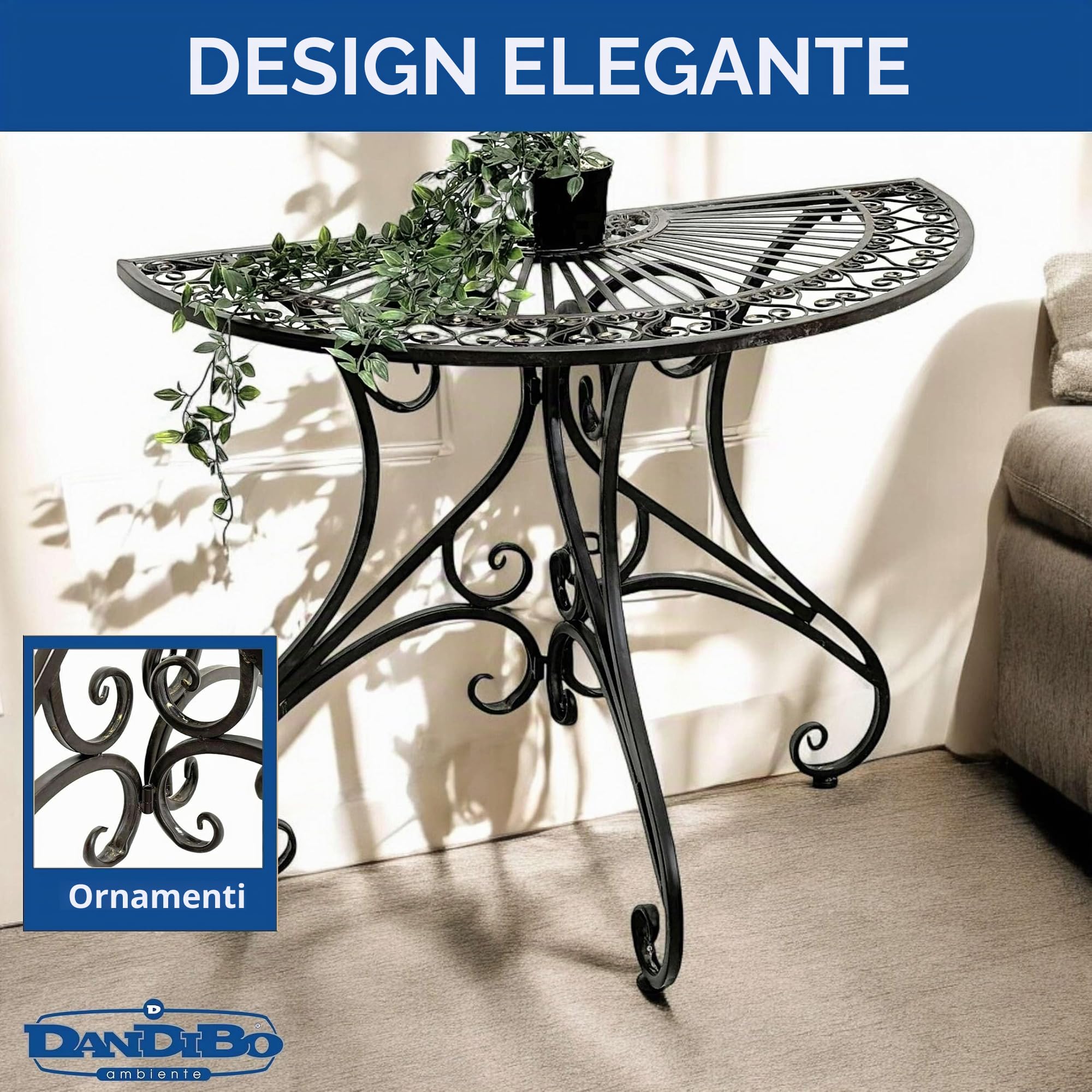 DanDiBo Vigo 19511 - Tavolino da parete semicircolare, in metallo, 90 cm, stile vintage anticato