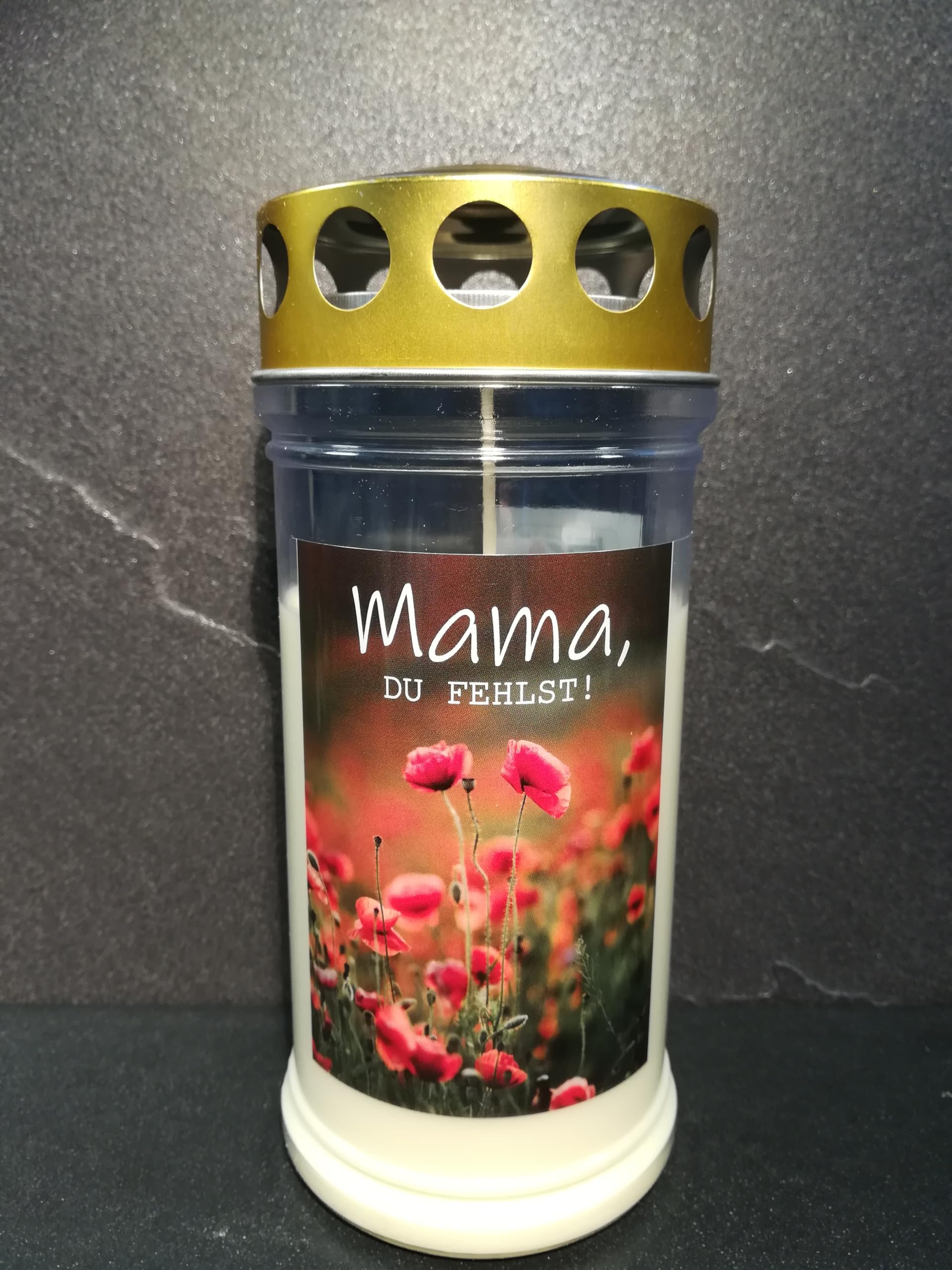 JEKA Gedenkkerze, Grabkerze Motiv: Mama - du fehlst, Brenndauer 4 Tage, 170x75mm, Wind- & Wetterfest, 100% Pflanzenöl, Golddeckel, Grablicht (12)