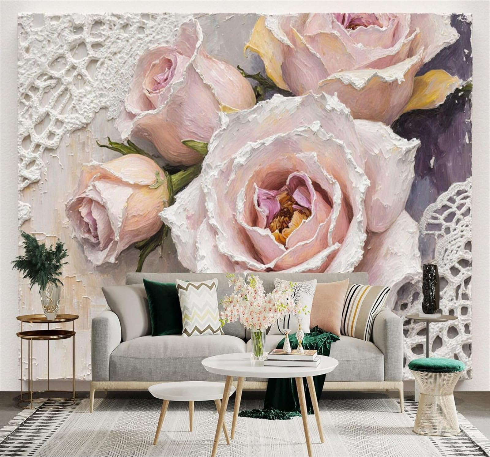YueMingDi Romantic Soft Pink Roses Elegant Lace Pattern 3D Wallpaper Creative Modern Decoration Murals Home Decor Study Living Room Bedroom Sofa Background-300cm×210cm