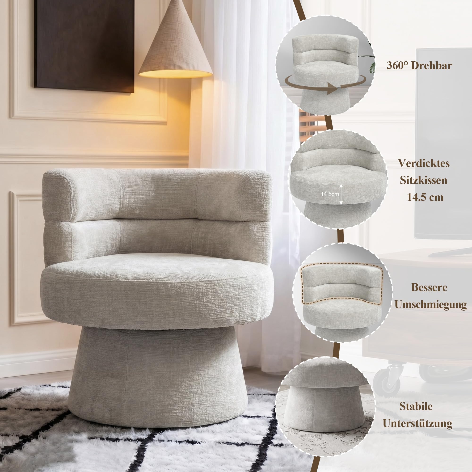 Duhome Loungesessel Wohnzimmer 360° Drehbarer Sessel mit Armlehnen, Relaxsessel aus Chenille Übergroßer Gepolsterter Sitz für Schlafzimmer Büro Lesesaal, Beige