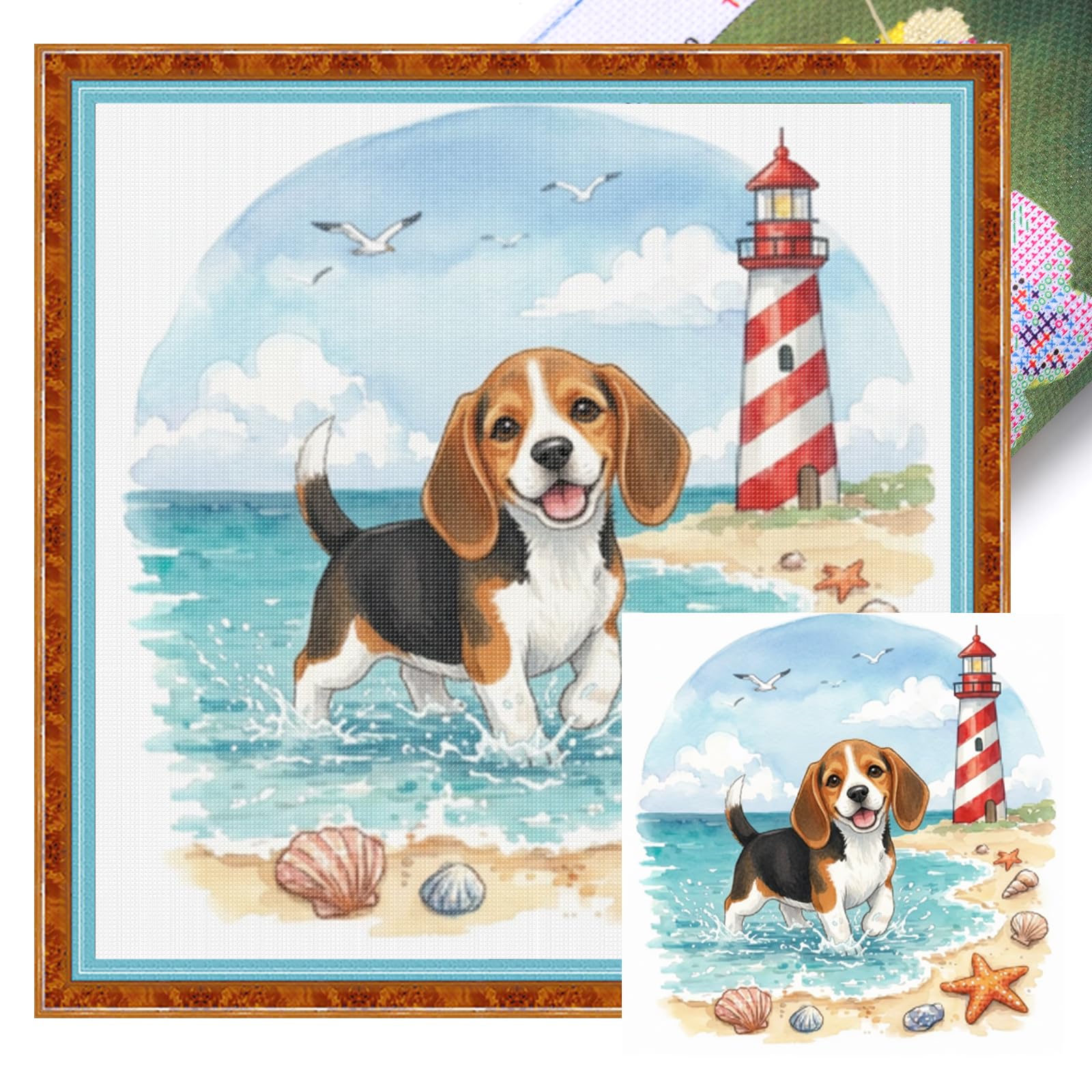 POETRYDRAW Beagle on The Beach Full 14CT DIY Stamped Cross Stitch Kits 11.81x11.81inch Embroidery Needlepoint Starter Kits for Beginners Adults Home Decor (Beagle)