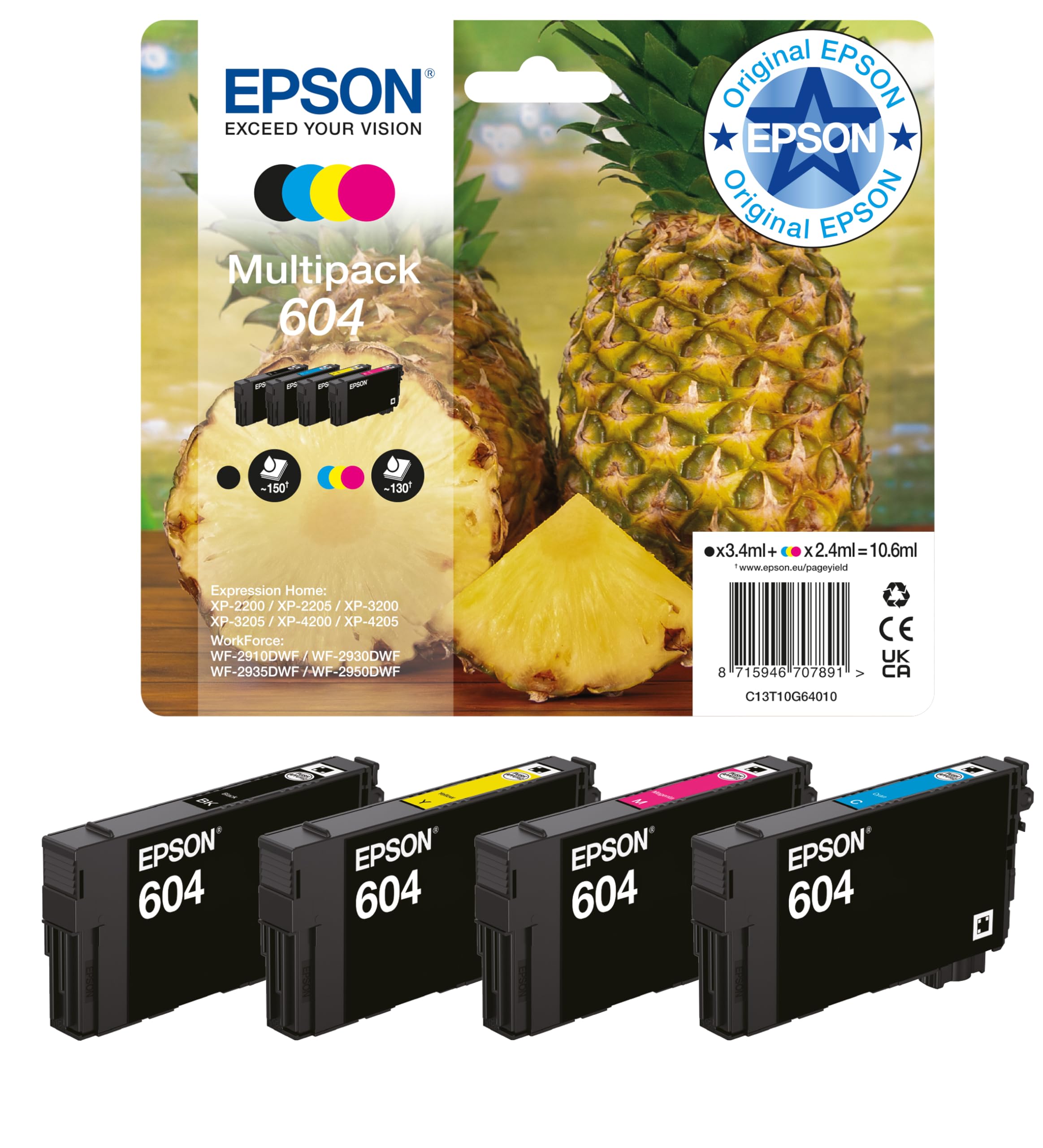 Epson Orginal 604 Tinte Ananas Multipack 4-farbig Standard, XP-2200 XP-2205 XP-3200 XP-4205 WF2910DWF WF2930DWF WF2950DWF, ReadyPrint Flex-Tintentarife