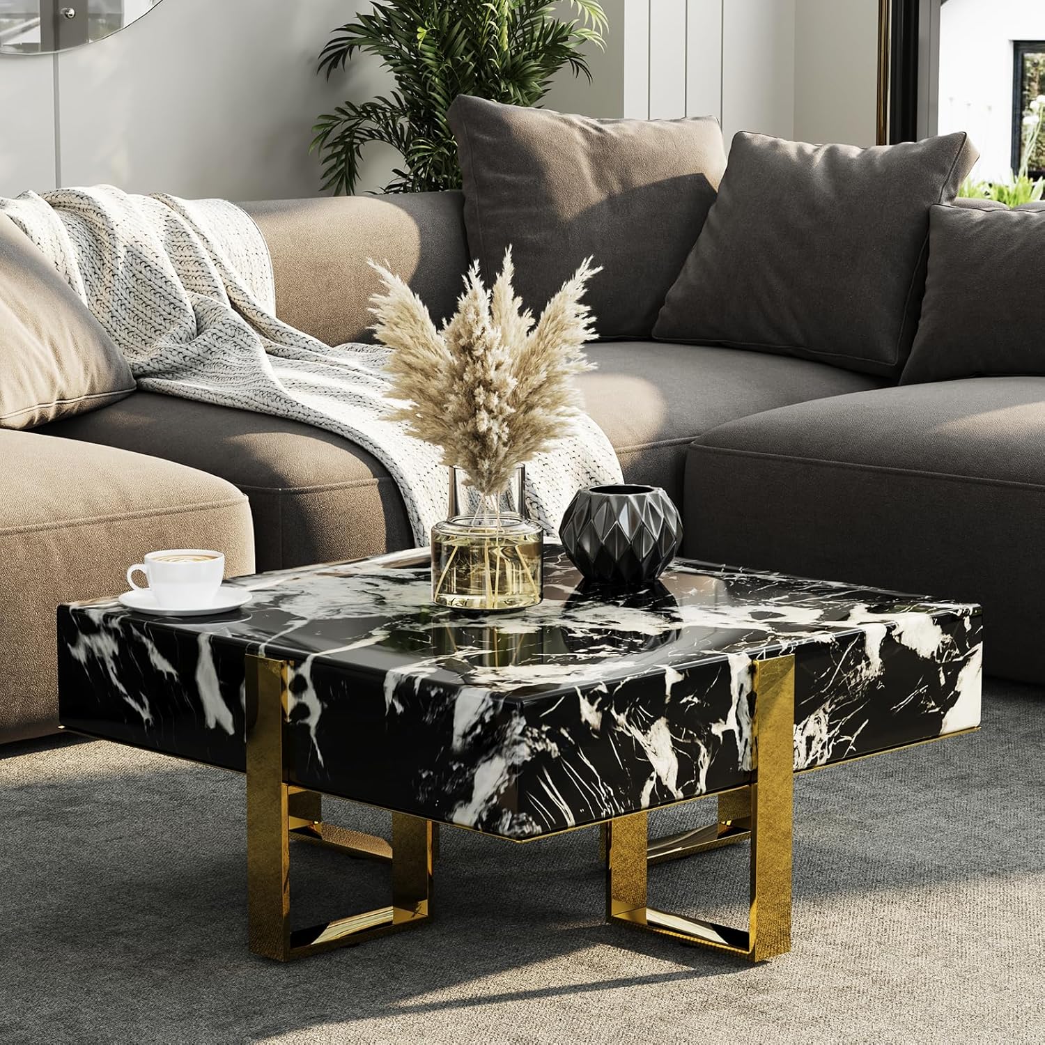 Black and Gold Square Coffee Table, Modern Luxury Faux Marble Center Table with Mirrored U-Shaped Gold Leg, 31.5 in Small Tea Table for Living Room, Apartment