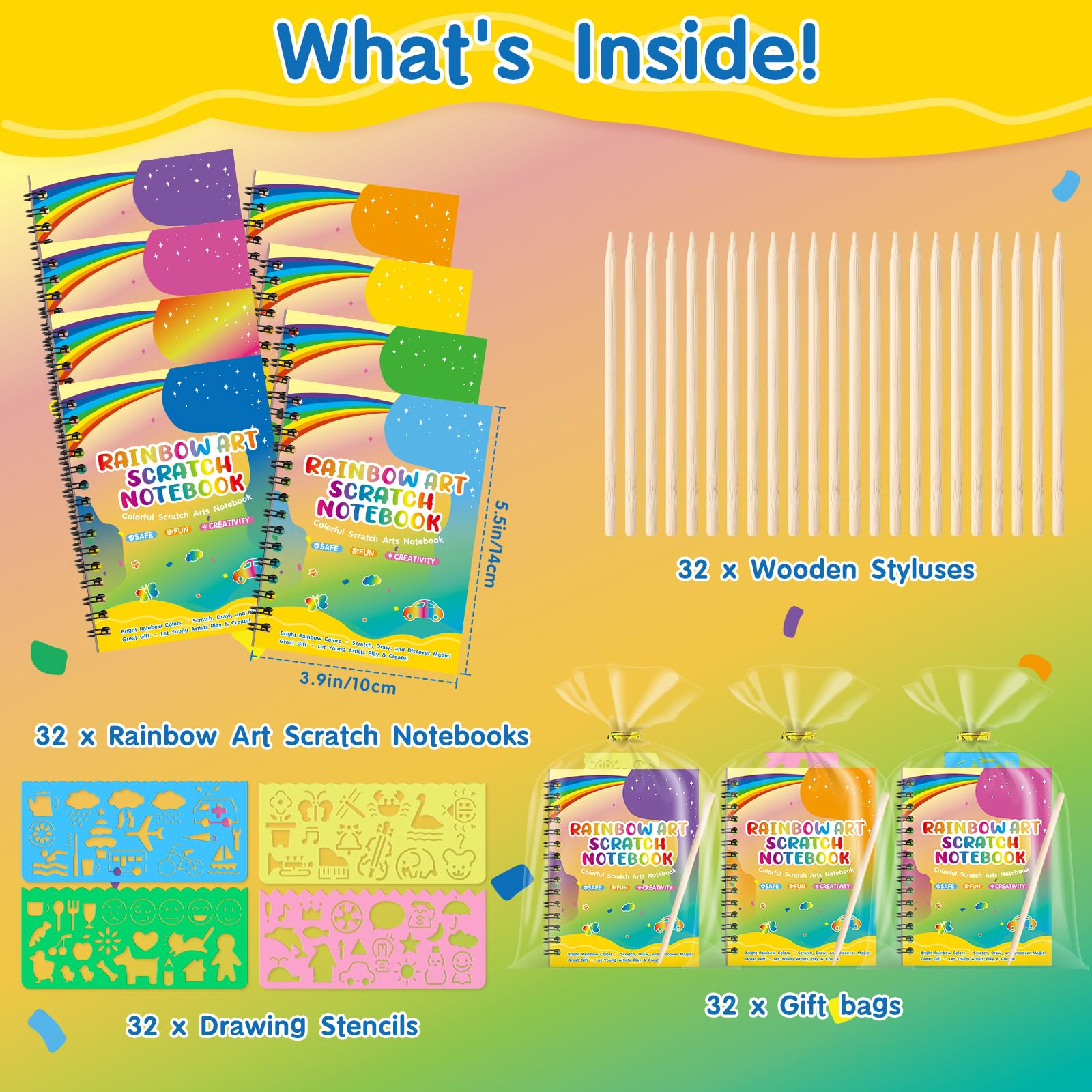 YSCare Scratch Arts Partygeschenke für Kinder: 32 Stück, Regenbogen-Kunst-Kratz-Notizbuch, Kunst-Bastelset, Goodie-Tüten, Geburtstagsgeschenke, Klassenzimmerpreise für Mädchen, Jungen, 4–8–12