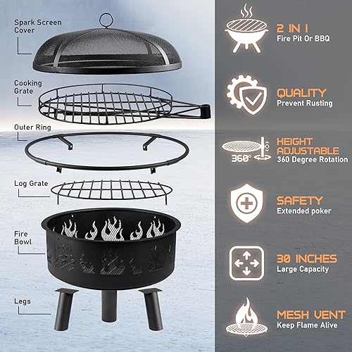 Miniatura 2 de FUNBERRY Fogatas para exterior,Fogatas al aire libre con parrilla,Pozo de fuego de leña,Fogata de 30 pulgadas con pantalla de chispa,Rejilla de