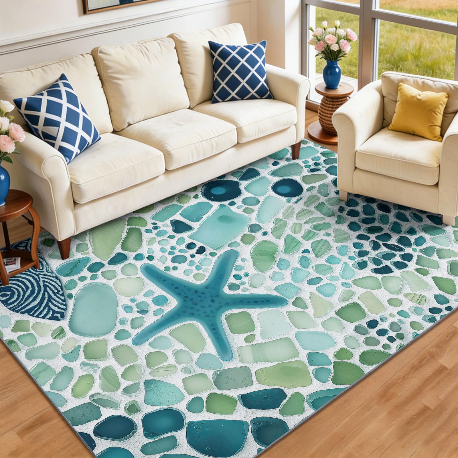 Meer Natur Kinderteppich Meerglas E Kieselsteine, 180 x 240 cm | waschbar Pflegeleicht rutschfest strapazierfähig hautsympathisch, für Schlafzimmer Wohnzimmer Esszimmer Küchen Büro
