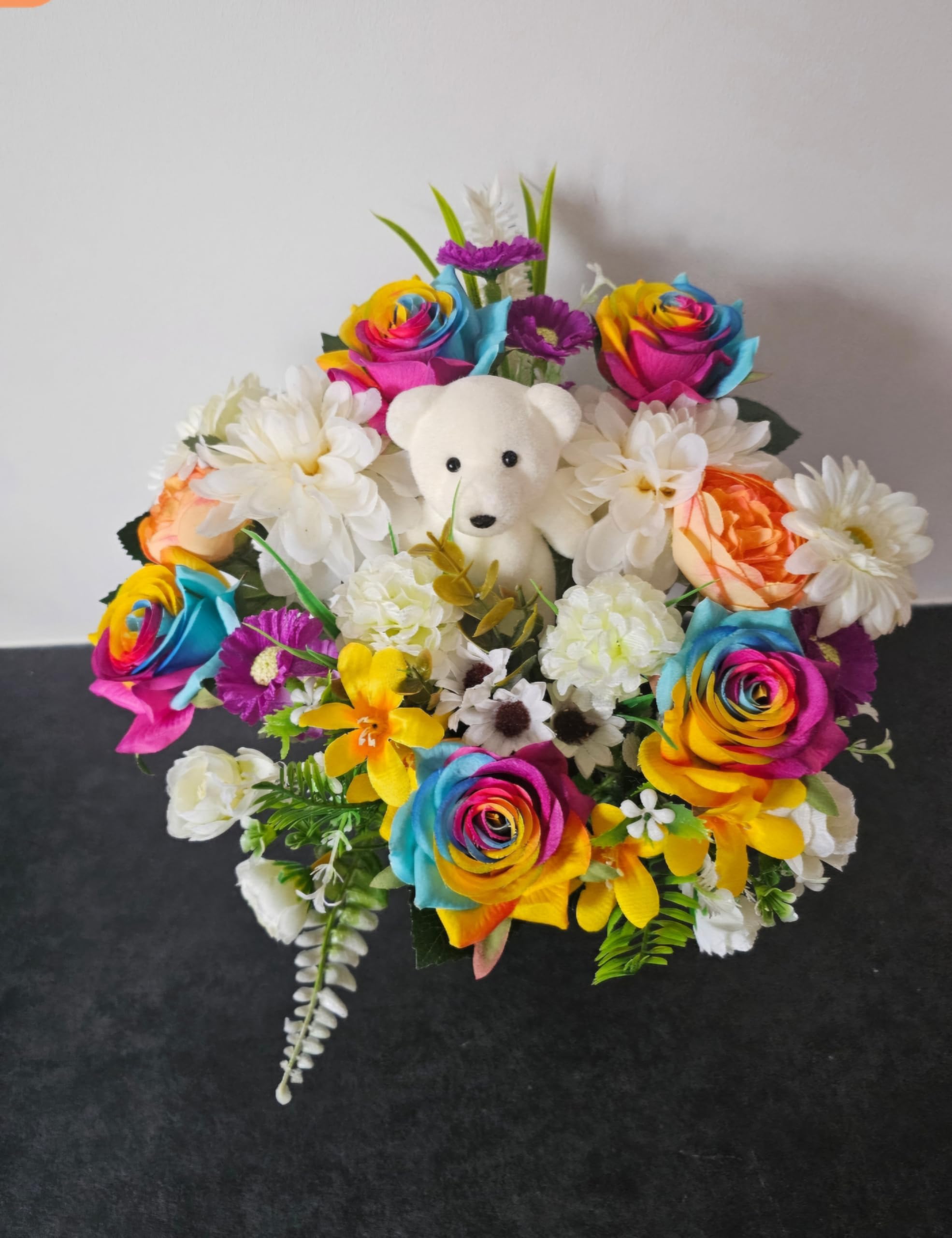 Rainbow Rose Floral Arrangement with White Teddy Bear, Mixed Flowers Memorial Grave Pot