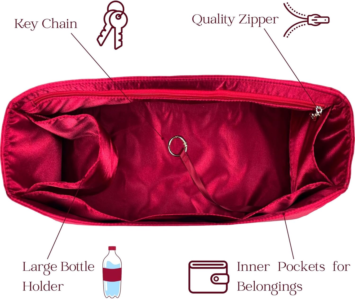 Organizer for Speedy 20, 22, 25, 30, 35, 40, Nano, Satin Silk Insert, with Water Bottle Holder, Zipper Pocket (Size 25, Pink)