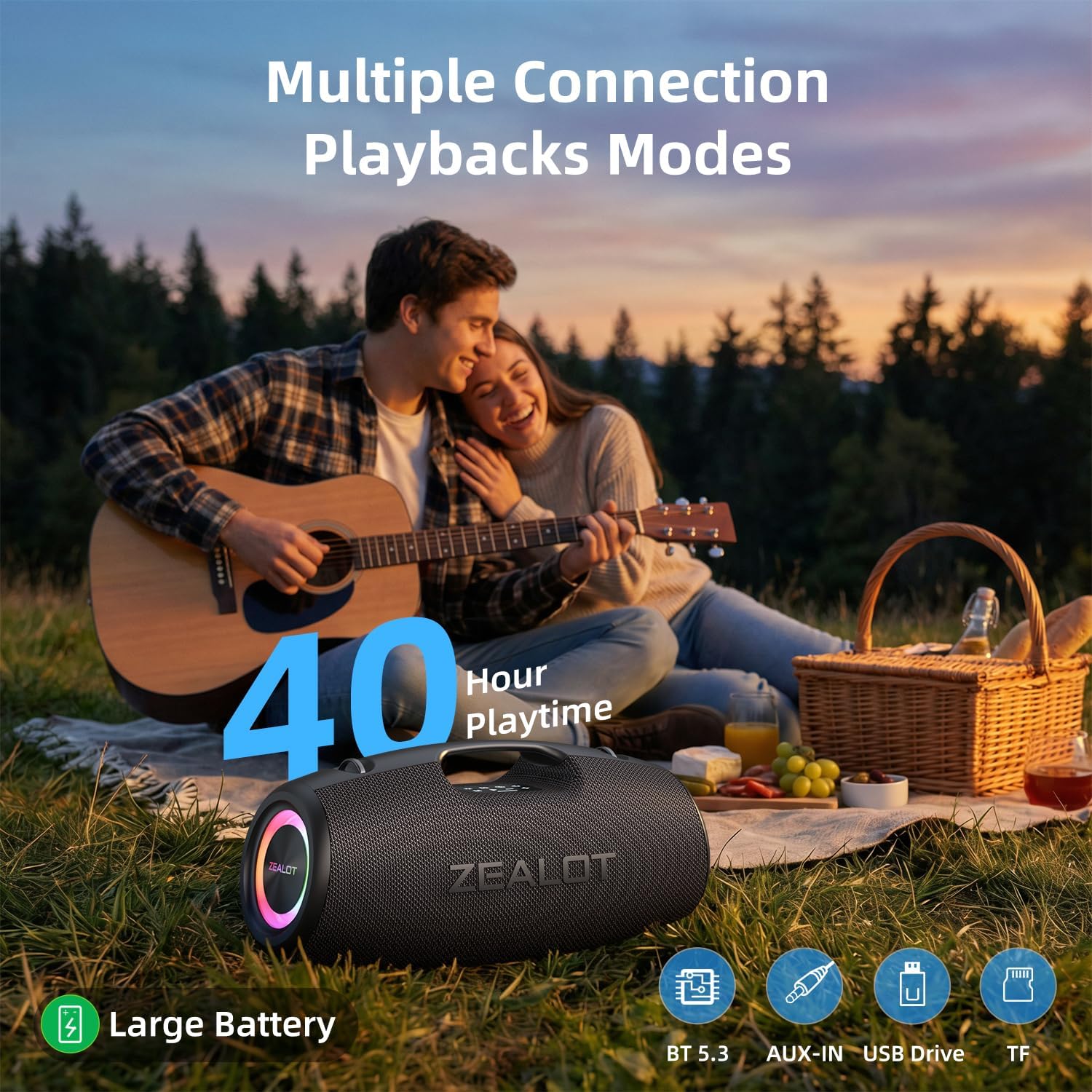 ZEALOT Portable Speakers Bluetooth Wireless, 120W Loud Waterproof Outdoor Speaker with Bass, Subwoofer, 40H Playtime, IP67, EQ, BT 5.3, LED Lights, for Camping Beach Party (Black)