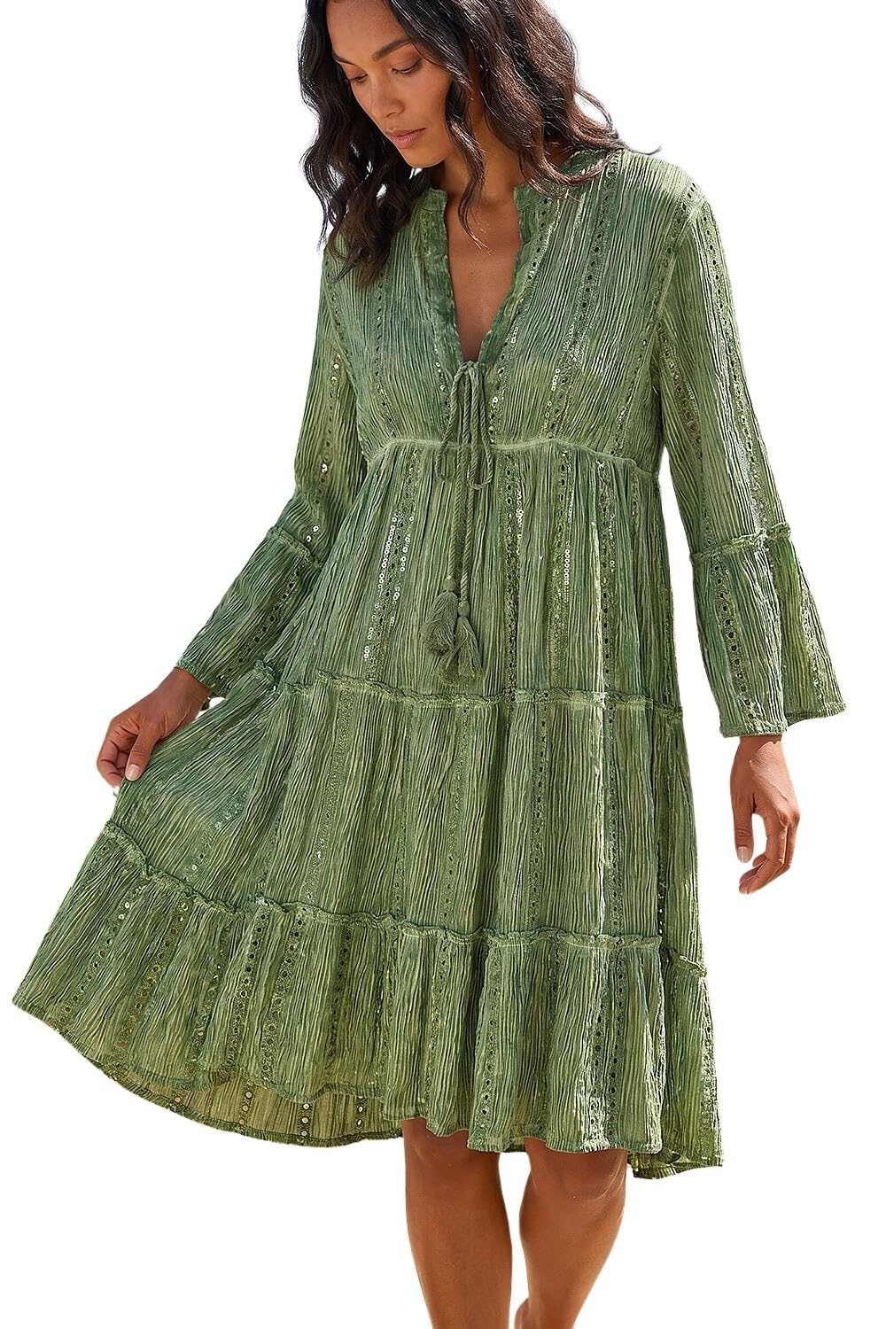 Roman Originals Smock Dress for Women UK Ladies Cotton Summer Embroidered Frilled Tiered Casual Beach Cruise Holiday Cocktail Party 3/4 Sleeve Pull On Gathered Skirt