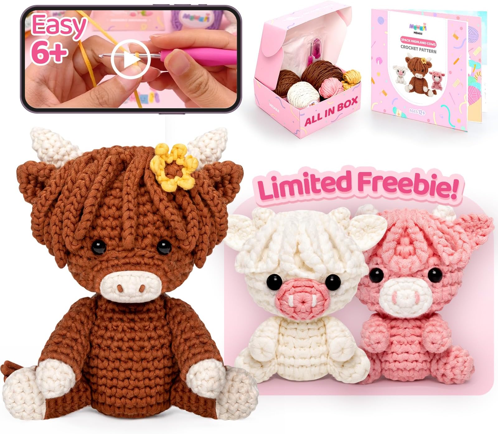 Mewaii Crochet Kit for Beginners, Crochet Starter Kit with Step-by-Step Video Tutorials, Crochet Complete Kit with 40%+ Pre-Started Yarn Content, Crochet Gifts for Adults Kids (3 Packs Highland Cow)