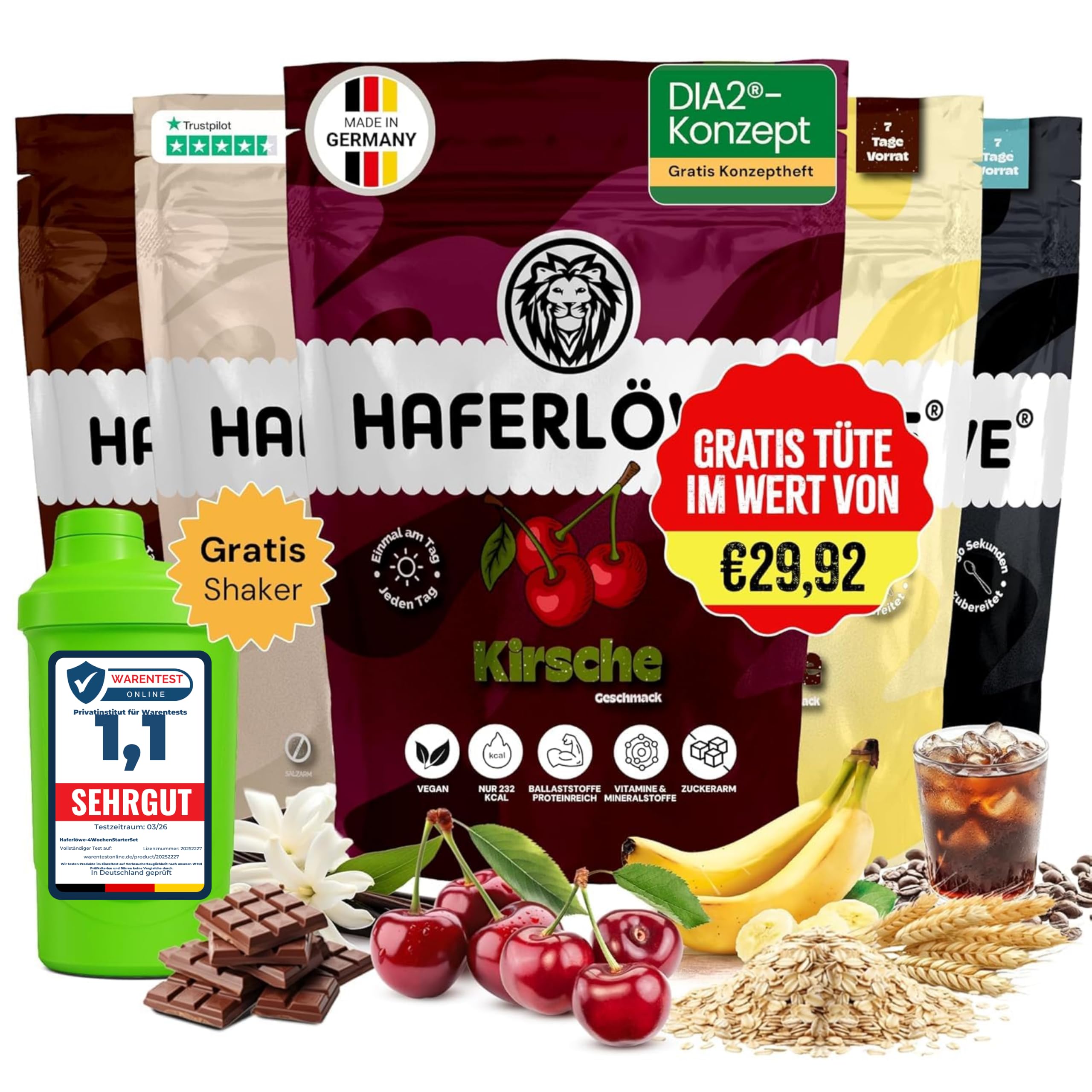 Haferlöwe Haferkur 35 Tage Starter Set | Leckere Hafertage in 5 Geschmacksrichtungen inkl. Gratis Shaker und Leitfaden | Protein Shake | Leckerer Diät Hafershake | DIA2® Ernährung