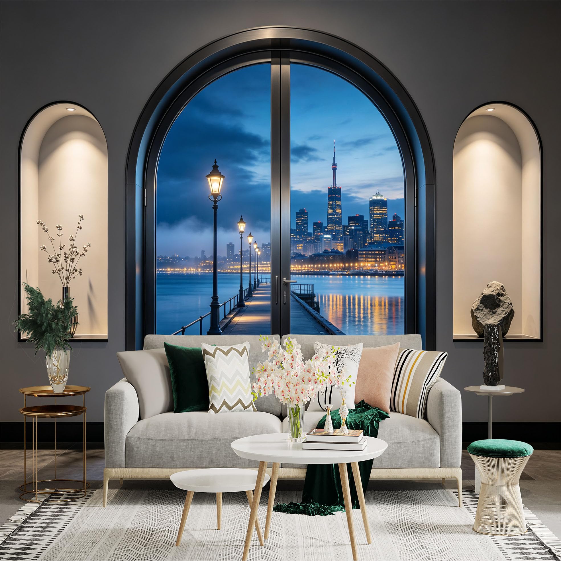 Custom Size Wall Sticker Mural， Arched Window View， City Skyline， Waterfront Pier and Night Lights， for wall Decoration， peelandstick wall Decals.
