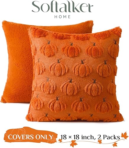 Softalker Fall Decorative Throw Pillow Covers 18 x 18 Inch Set of 2, Thanksgiving Autumn Harvest Pumpkin Faux Fur Cushion Covers, 3D Embroidered Pillow Cases for Couch Bedroom Living Room Decor, Rust(Orange Pumpkin,18" x 18" (Pack of 2))