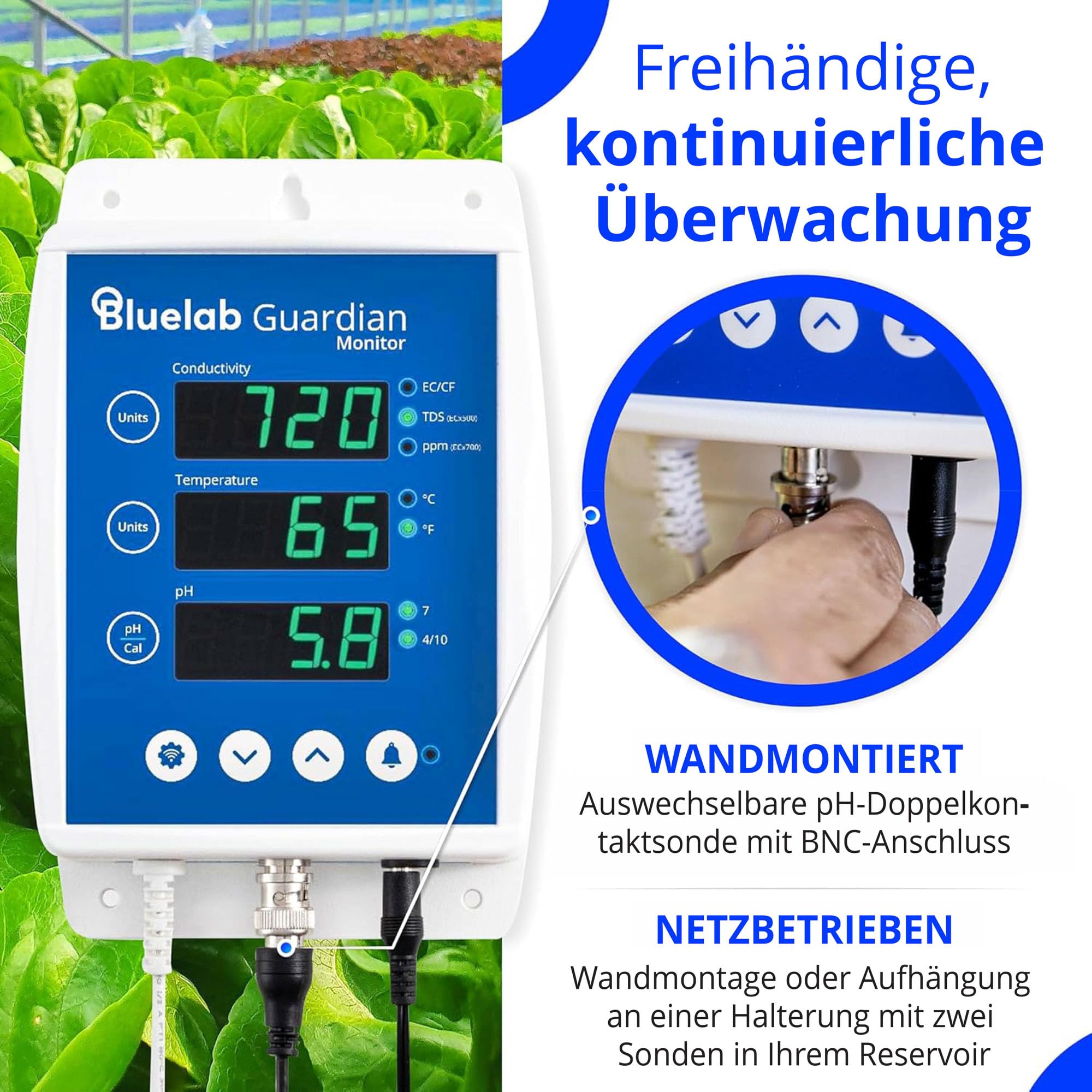 Bluelab Guardian Monitor Wi-Fi – Echtzeit-Messung von pH, Temperatur & Leitfähigkeit (TDS) im Wasser, kalibrierbar, 3-in-1 Digitales Nährstoffmessgerät – Für Hydroponik & Indoor-Pflanzenzucht