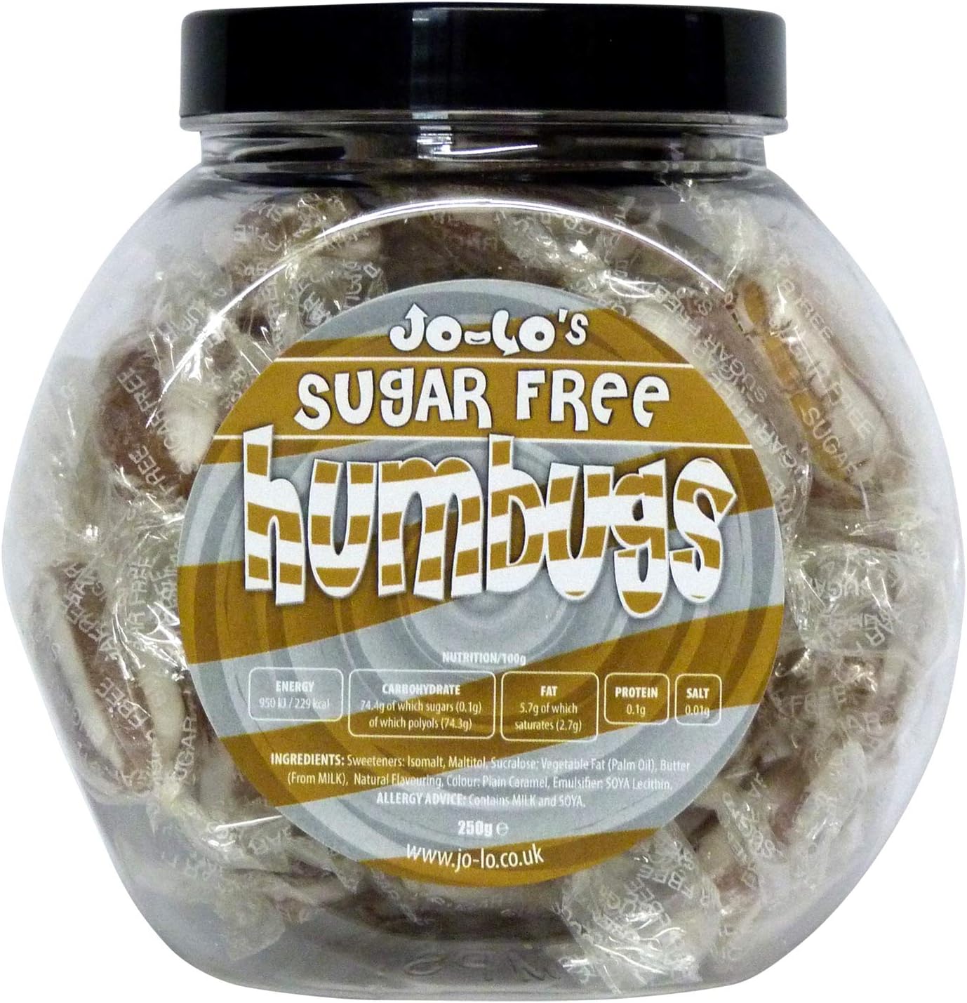 Jo-Lo Sugar Free & Low Net Carb Sweets - Mint Humbugs - 250g Jar