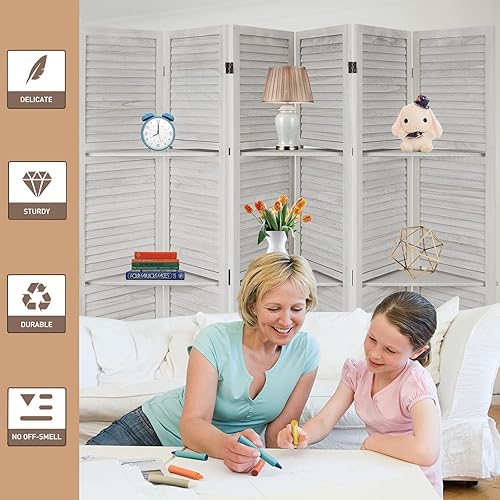 Miniatura 31 de Babion Divisor de habitación de 6 paneles, divisor de habitación de madera con estantes, separadores de habitación portátiles de 5.6 pies y 6