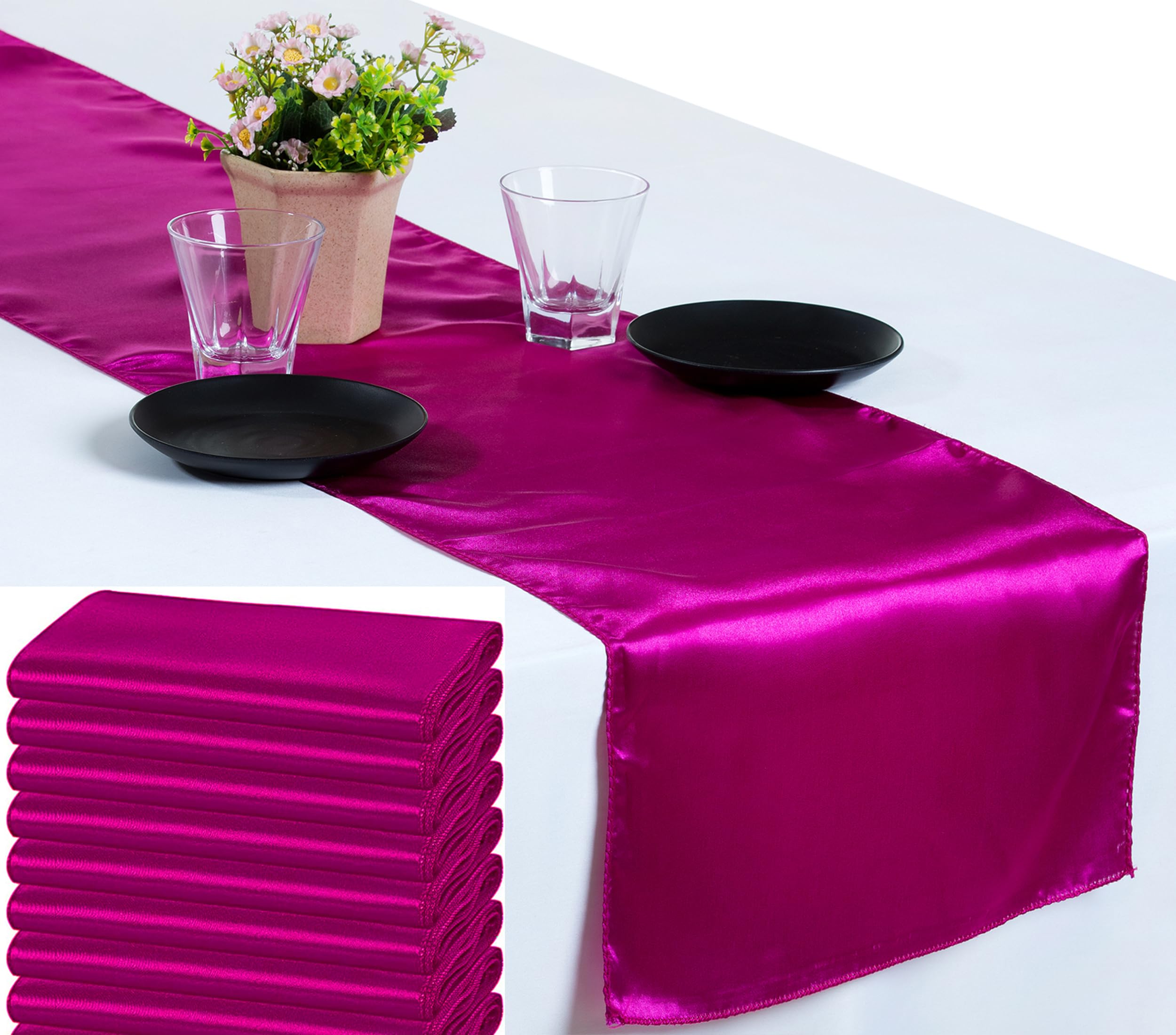 VDS Pack of 25 Satin Table Runners for Wedding & Party Décor 12” x 108”, Smooth Glossy Sateen Fabric Runner, Dining Table Decoration for Reception Banquet & Events Hotel Restaurant - Magenta Violet — image 1