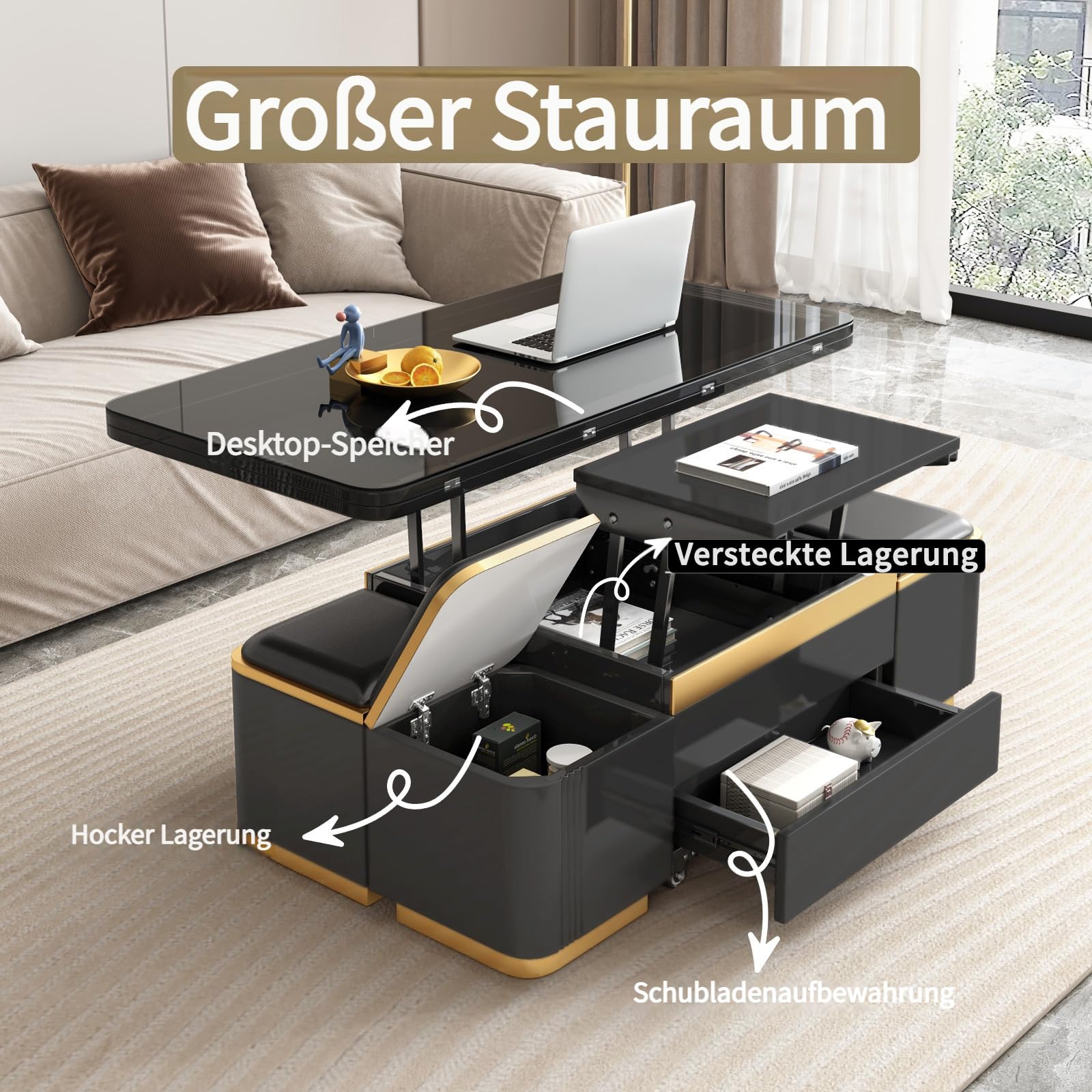 Guyii Höhenverstellbarer Couchtisch 120 cm lang mit Ablage, Multifunktionaler Cauchsofa Tisch, Coffee Table mit integriertem Stauraum und Klapptisch, Moderner Design für Wohnzimmer (schwarz)