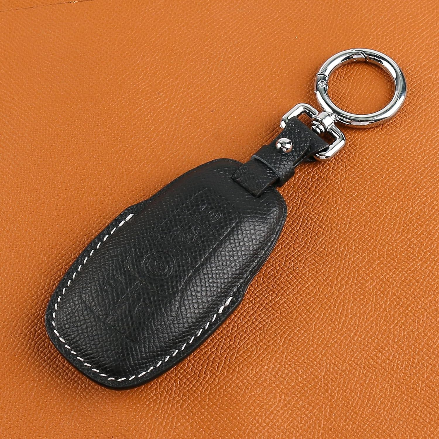 Leather Key Fob Cover with Keychain, Compatible with 2013-2016 Ford Fusion, 2015-2017 Ford Mustang, and F-150 Explorer Smart Key (Black)