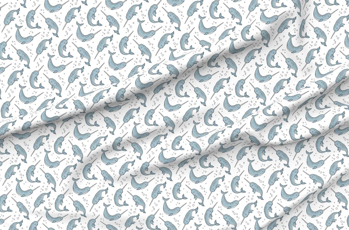 Spoonflower Fabric - Narwhal Blue White Narwhals Nautical Ocean Sea Whales Whale Bubbles Printed on Minky Fabric by The Yard - Sewing Baby Blankets Quilt Backing Plush