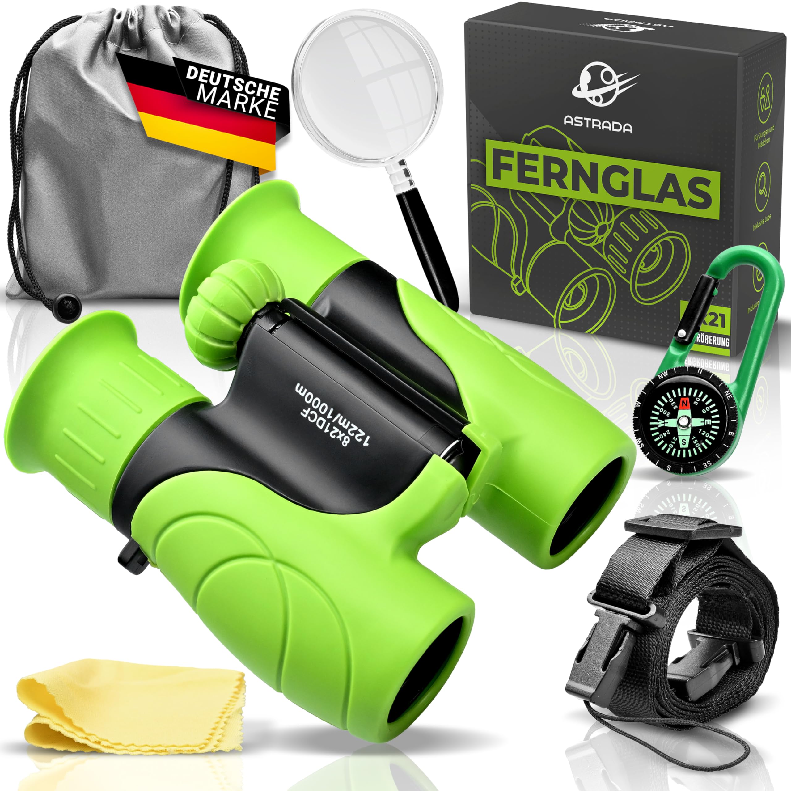 ASTRADA Binoculars for Children [XXL Explorer Set] Robust Children's Binoculars from 3 Years with Magnifying Glass, Compass, Bag - 8 x 21 Magnification and 1000 m Vision Range