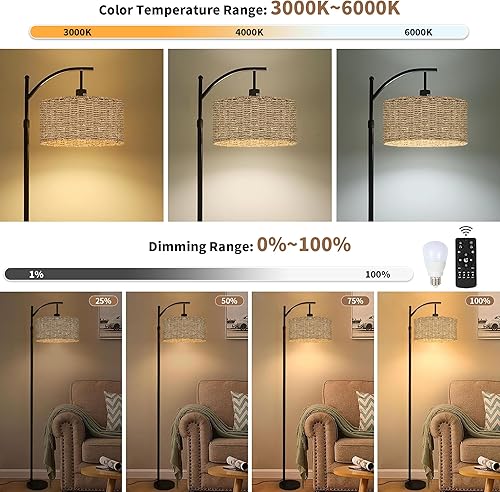 Miniatura 2 de Lámpara de pie de ratán de arco para sala de estar con control remoto, lámparas de pie negras con bombilla regulable de temperatura de 3 colores,