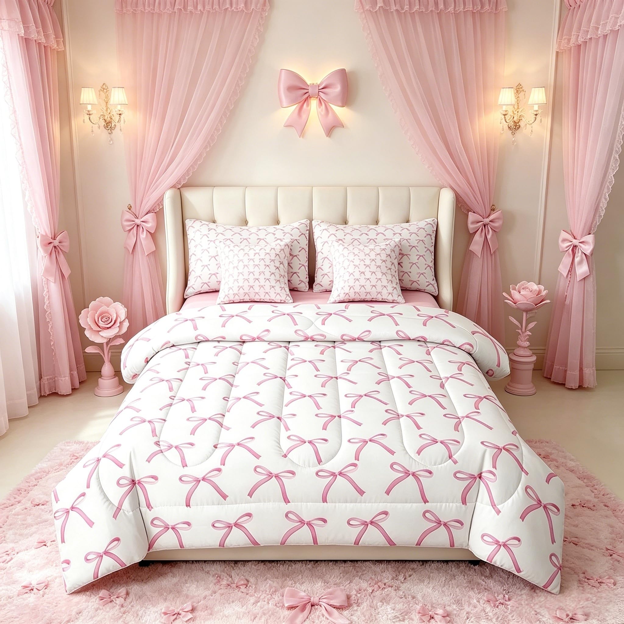 Couette et parure de lit 7 pièces enfants grand lit drap housse taies rose
