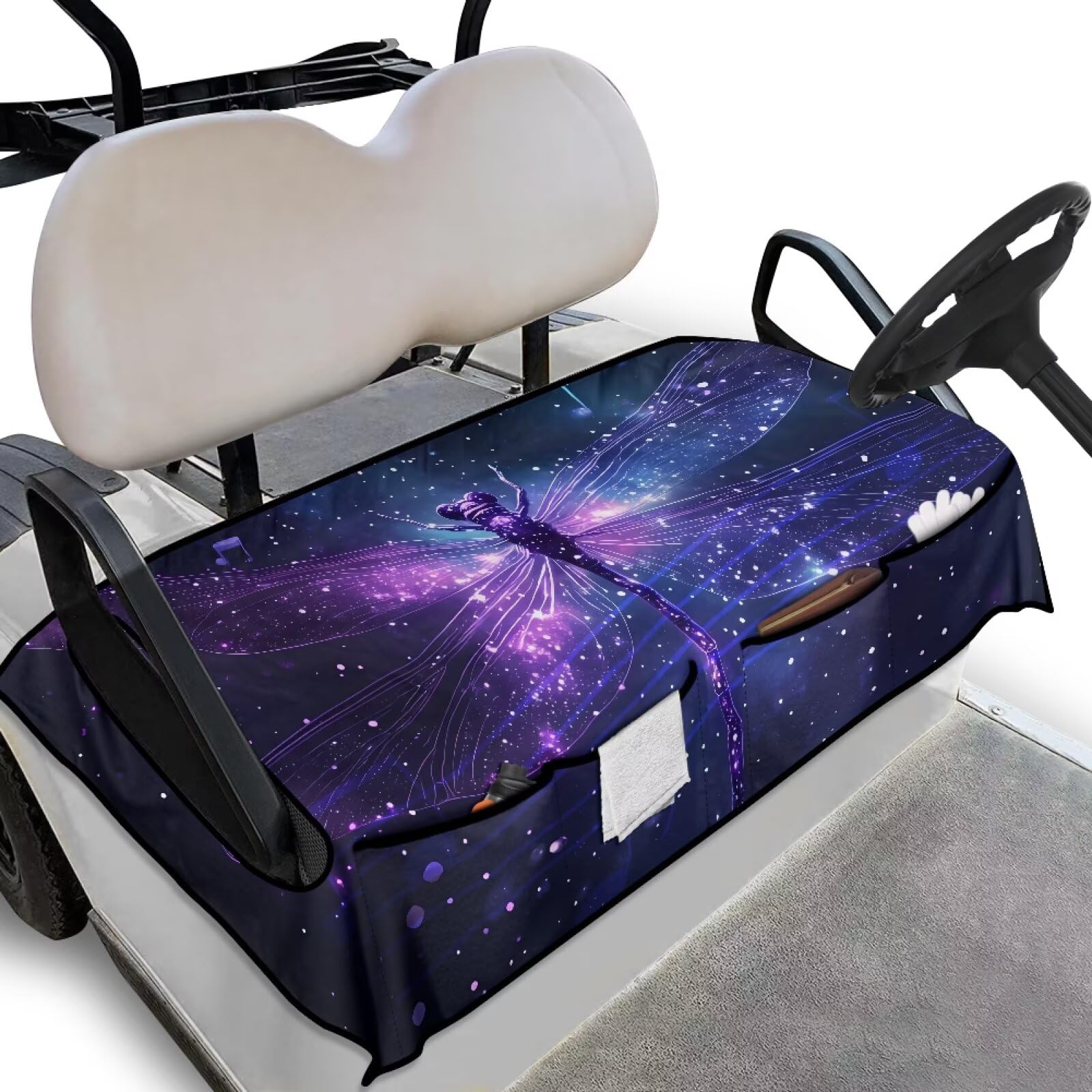 Biyejit Dragonfly Galaxy Golf Buggy Seat Cover with Storage Bags Anti-Hot Golf Cart Seat Protector Travel Sport Essential for 2-Person Seats Club Car Machine Washable