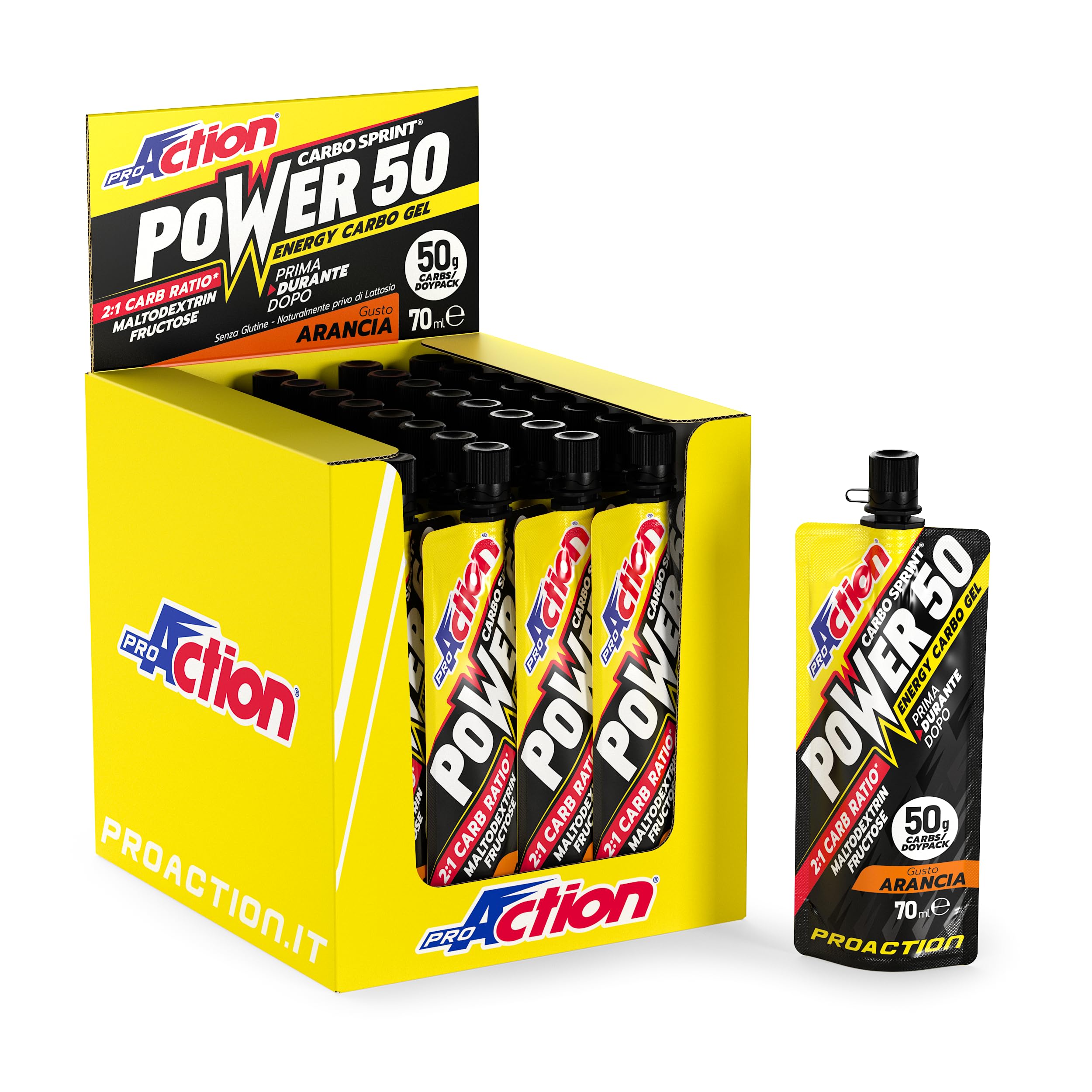 ProAction Carbo Sprint Power 50 Carbo Gel 50g | Gel Carboidrati 2:1 con Maltodestrine e Ciclodestrine Altamente Ramificate per Ciclismo Endurance | 70 ml per Stick | Box da 32 pz