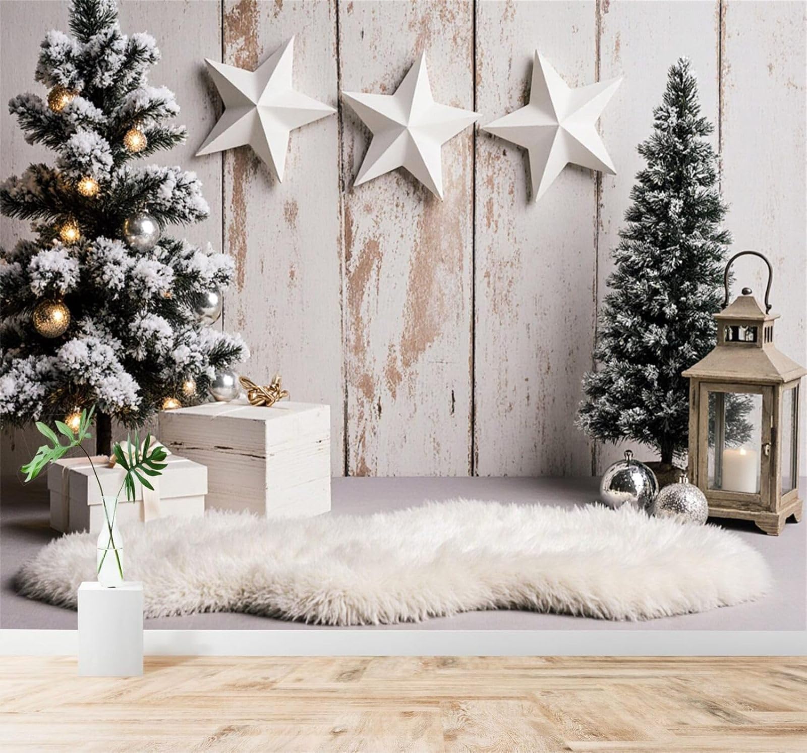 XLMING Winter Scene Pine Trees Lanterns Stars Wood Grain 3D Wallpaper Silky Texture Home Study Office Grey Dining Room Sofa Bedroom Living Room TV Backdrop-250cm×170cm