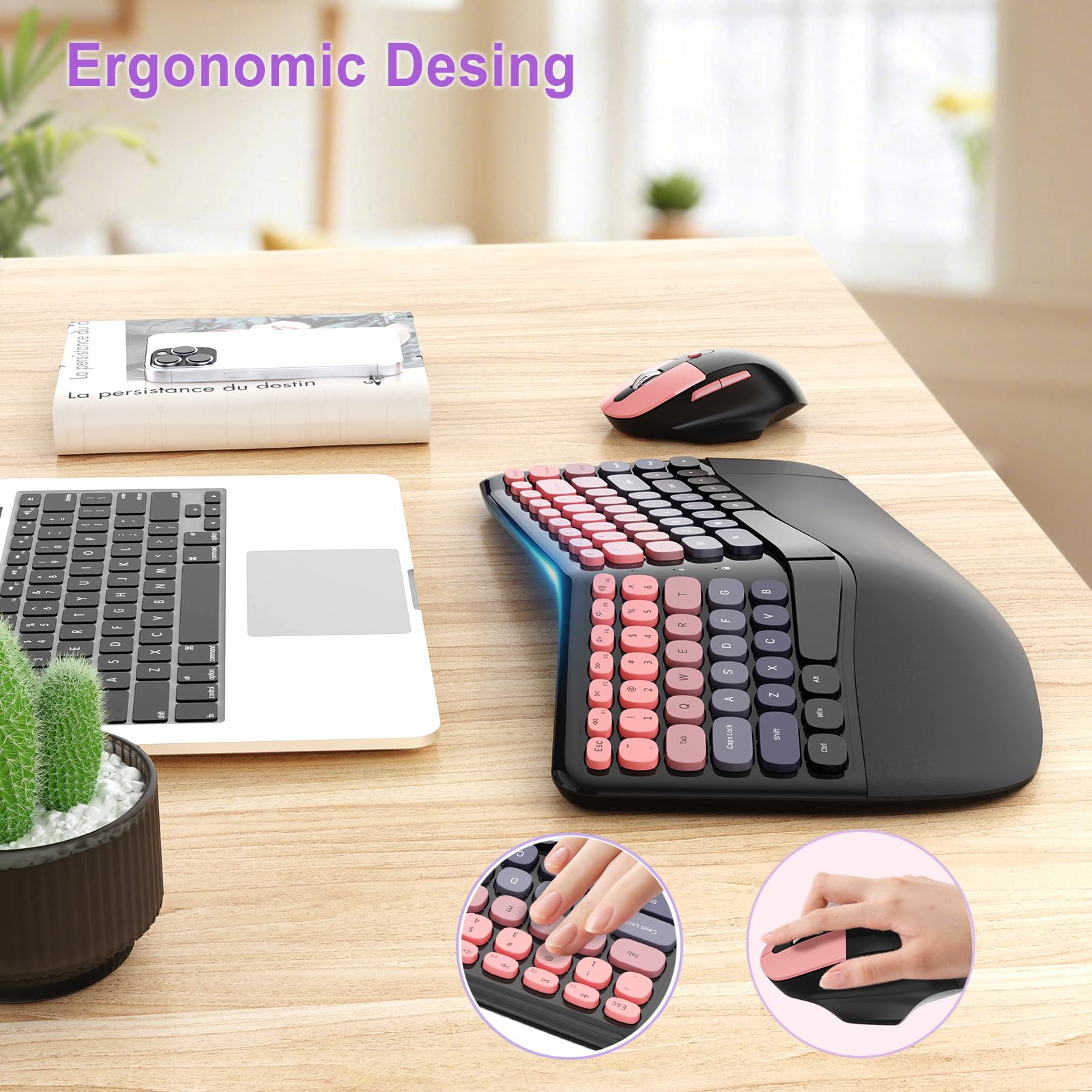 Tastiera e mouse wireless ergonomici, set da gioco meccanico con poggiapolsi, OTG e pennello, ideale per PC Windows, casa, ufficio e università, nero e rosa