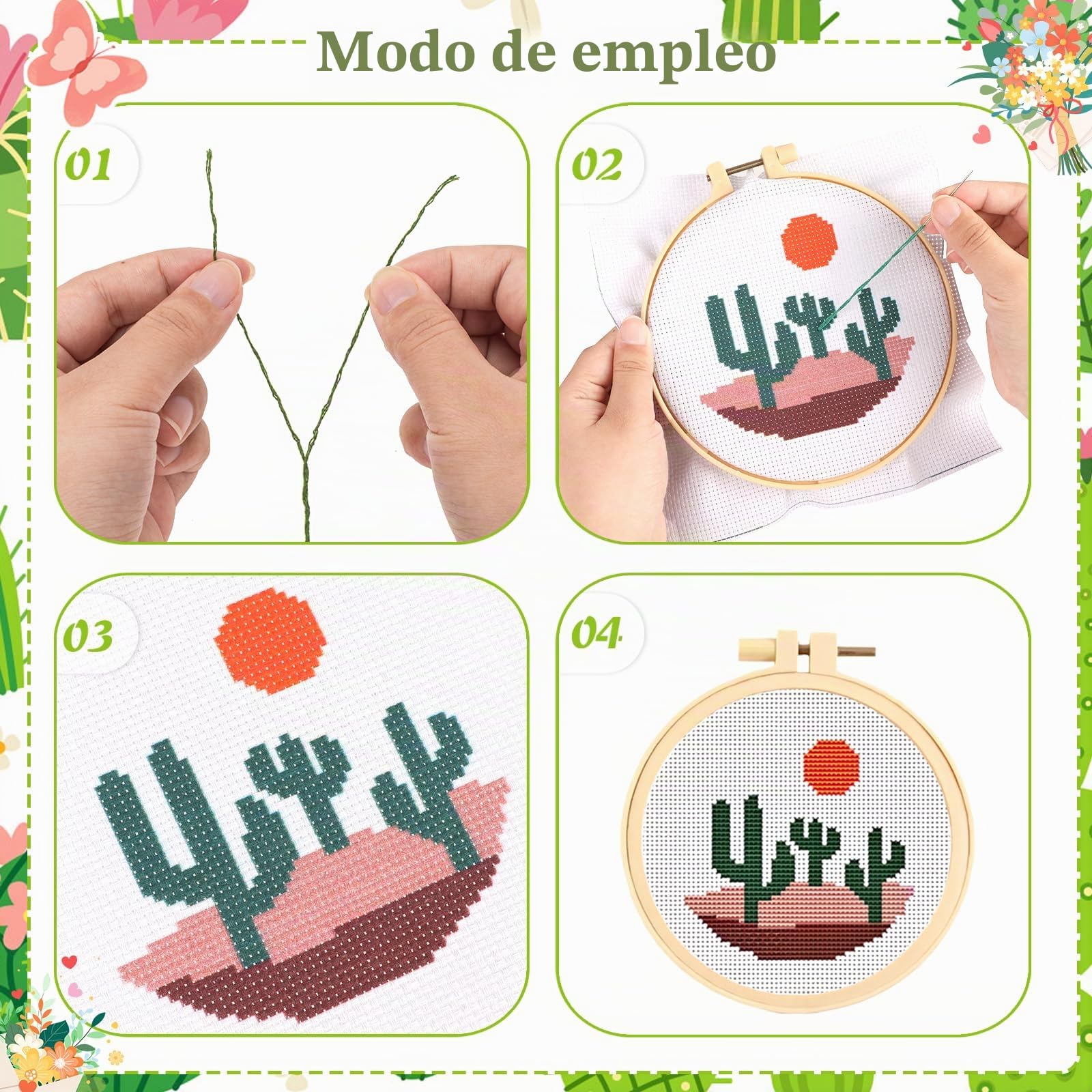 JSRQT 6 Piezas Kit de Punto Cruz de Paisaje Bohemio para Principiantes Adultos, Kit de Inicio Bordado Artesanal para Amantes Manualidades Decoración del Hogar, con 2 Aros de Bordado y Herramienta