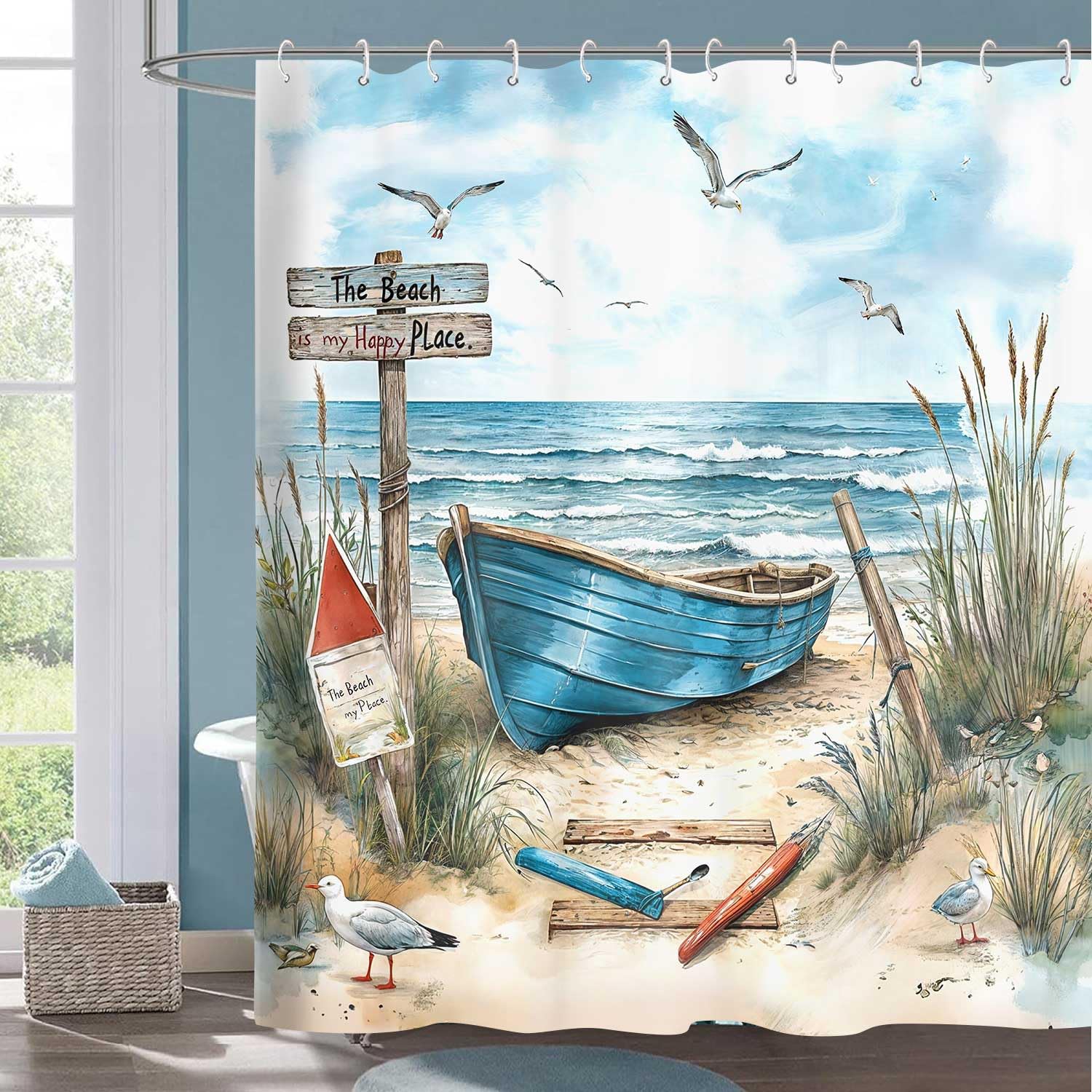 Hjokiupt Nautical Coastal Shower Curtain for Bathroom, Ocean Beach Decor Bath Curtains, Blue Teal Seasides Sailboat Shower Curtain Set with Hook