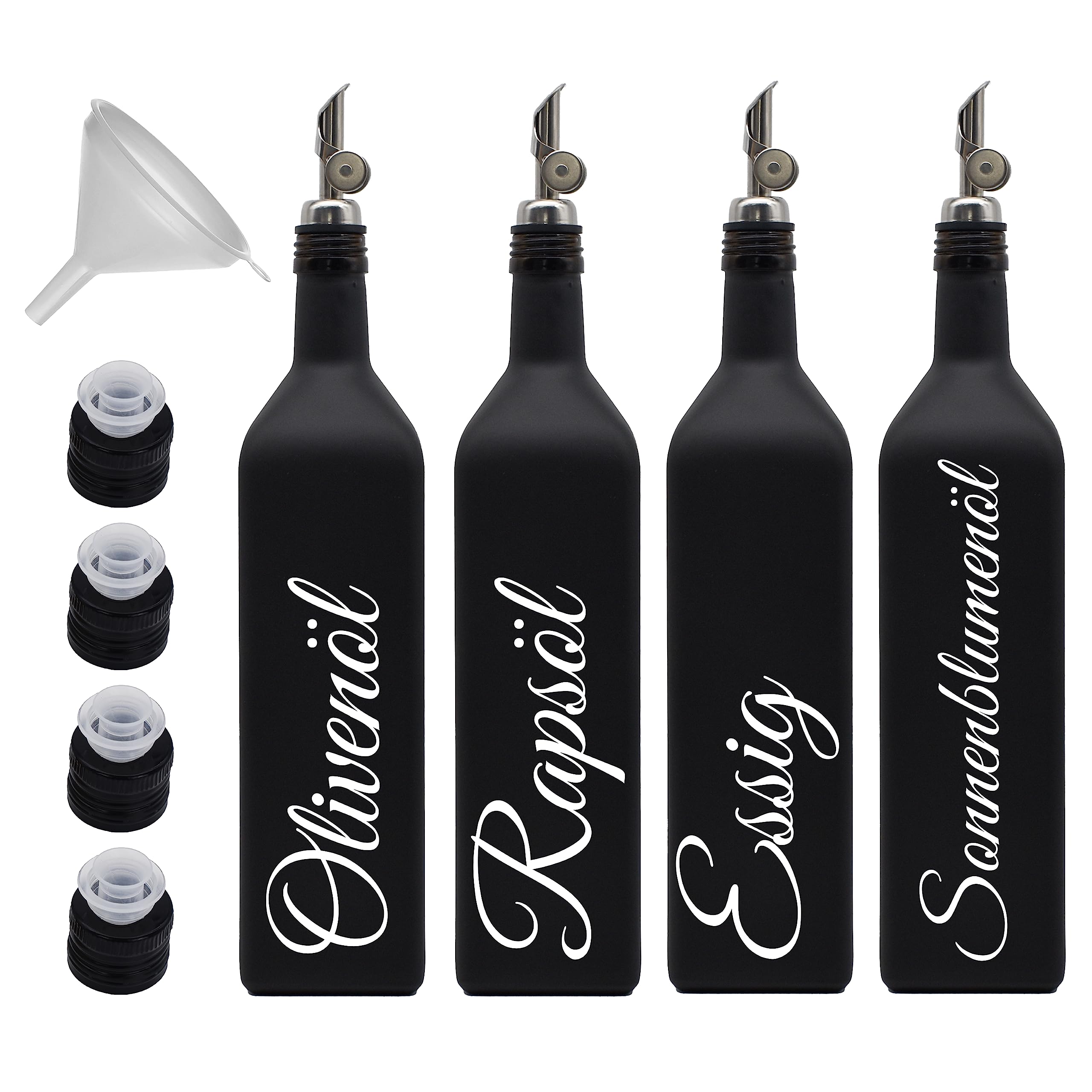 Ölflasche 1 Liter mit Edelstahl-Ausgießer - schwarz-matt - 4er Set - Glas - Haushalt - inkl. Trichter - Küche - hochwertig