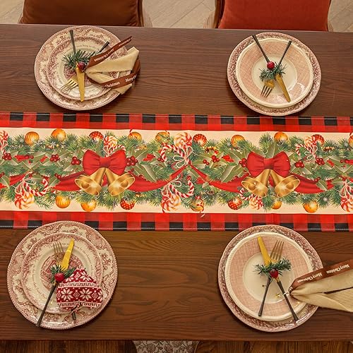 Miniatura 3 de Softalker Camino de mesa de lino navideño a cuadros – Campana de búfalo rojo para decoración de mesa de invierno de Navidad para comedor, fiestas,