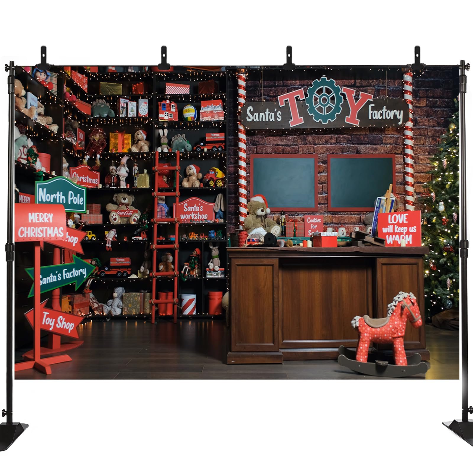 Christmas Shop Photography Backdrop Vintage Santa's Toy Factory Snow Night Cottage Gift Xmas Tree Decoration Background Kids Indoor Portrait Photo