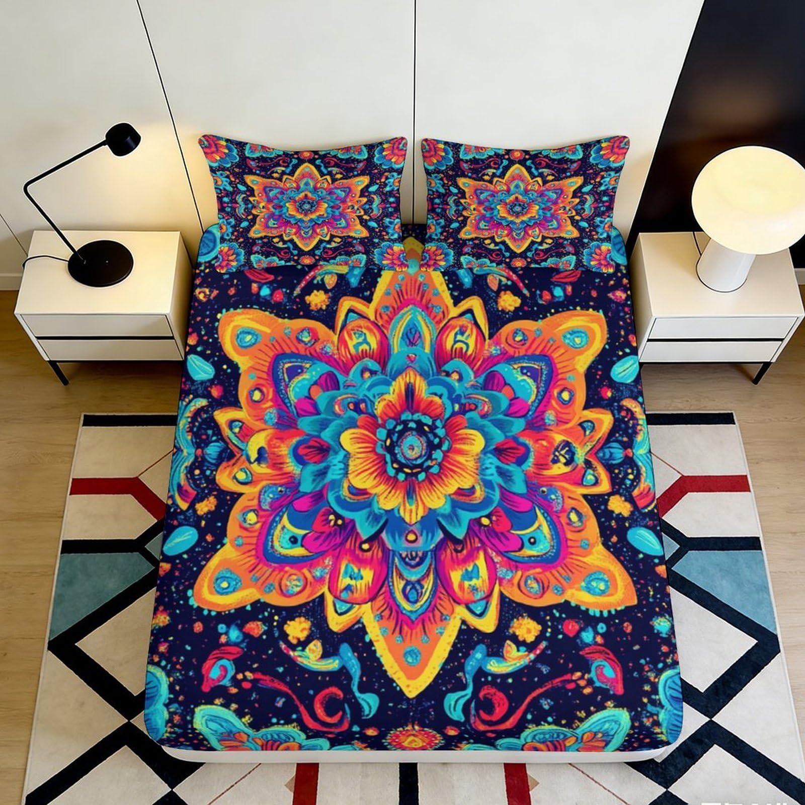 Jqzkxnhpbr Style-8 3D Printed Mandala Art Fitted Sheet Microfiber Soft Vibrant Ethnic Pattern Mattress Cover Bedroom Decor Protection 90X200x25cm