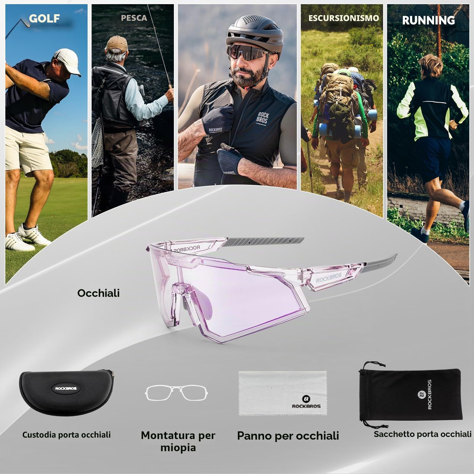 ROCKBROS Occhiali da Ciclismo Fotocromatici, Occhiali da Sole Sportivi Anti-UV400, Adatto per Bici, MTB, Pesca, Corsa, Uomo Donna