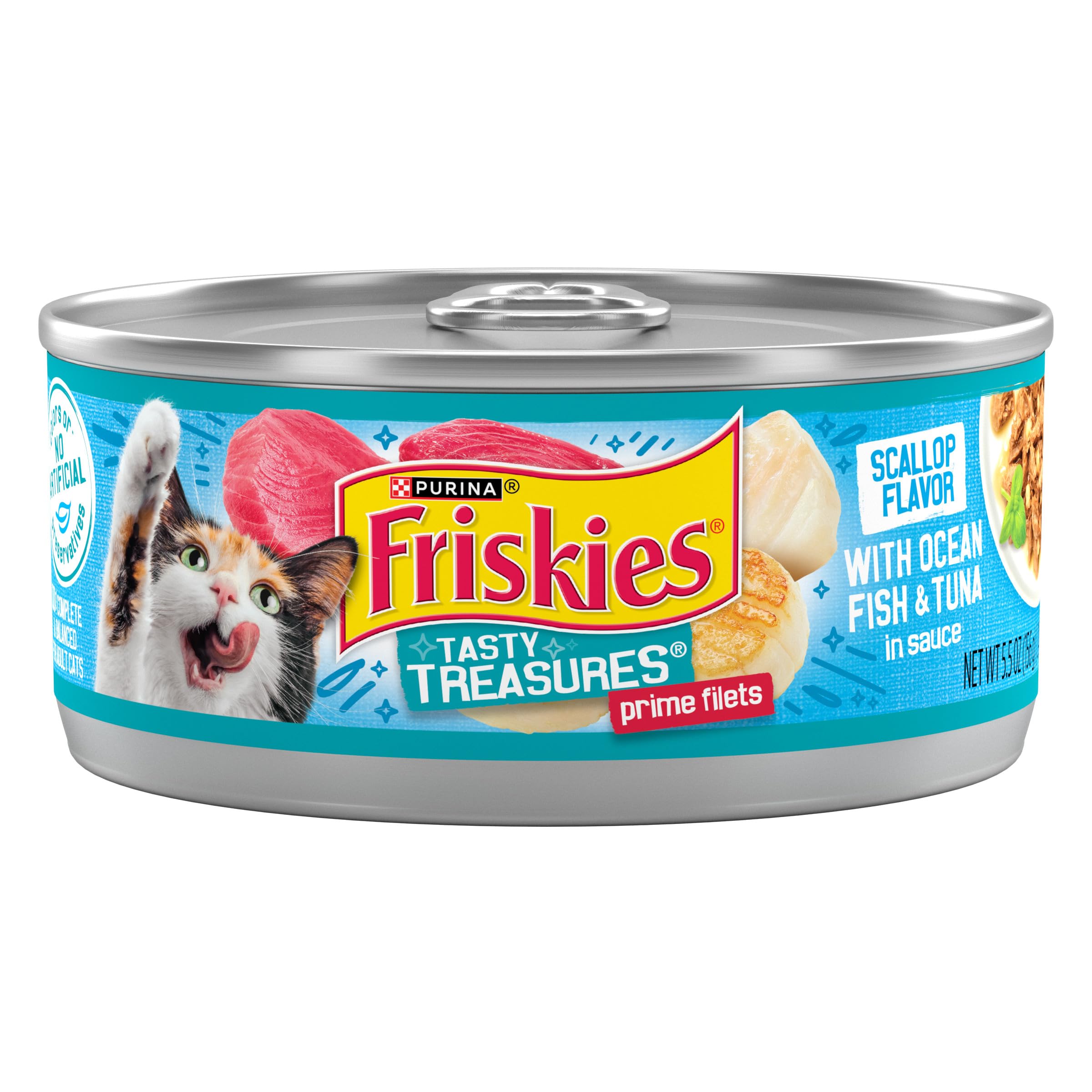 Purina Friskies Wet Cat Food Tasty Treasures With Ocean Fish and Tuna in Sauce (Scallop Flavor) - (Pack of 24) 5.5 oz. Cans