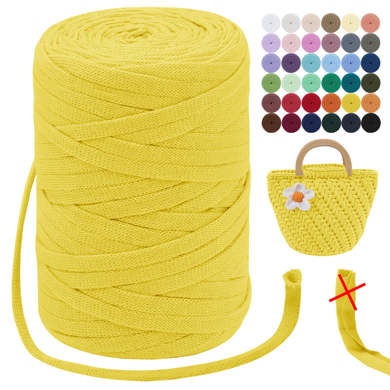 LEREATI T-Shirt Yarn for Crocheting 250g/100m - 7mm Polyester Ribbon Yarn for Knitting, Beginner Crochet, Hand DIY Bag, Blanket, Cushion, Basket (Yellow) — image 1