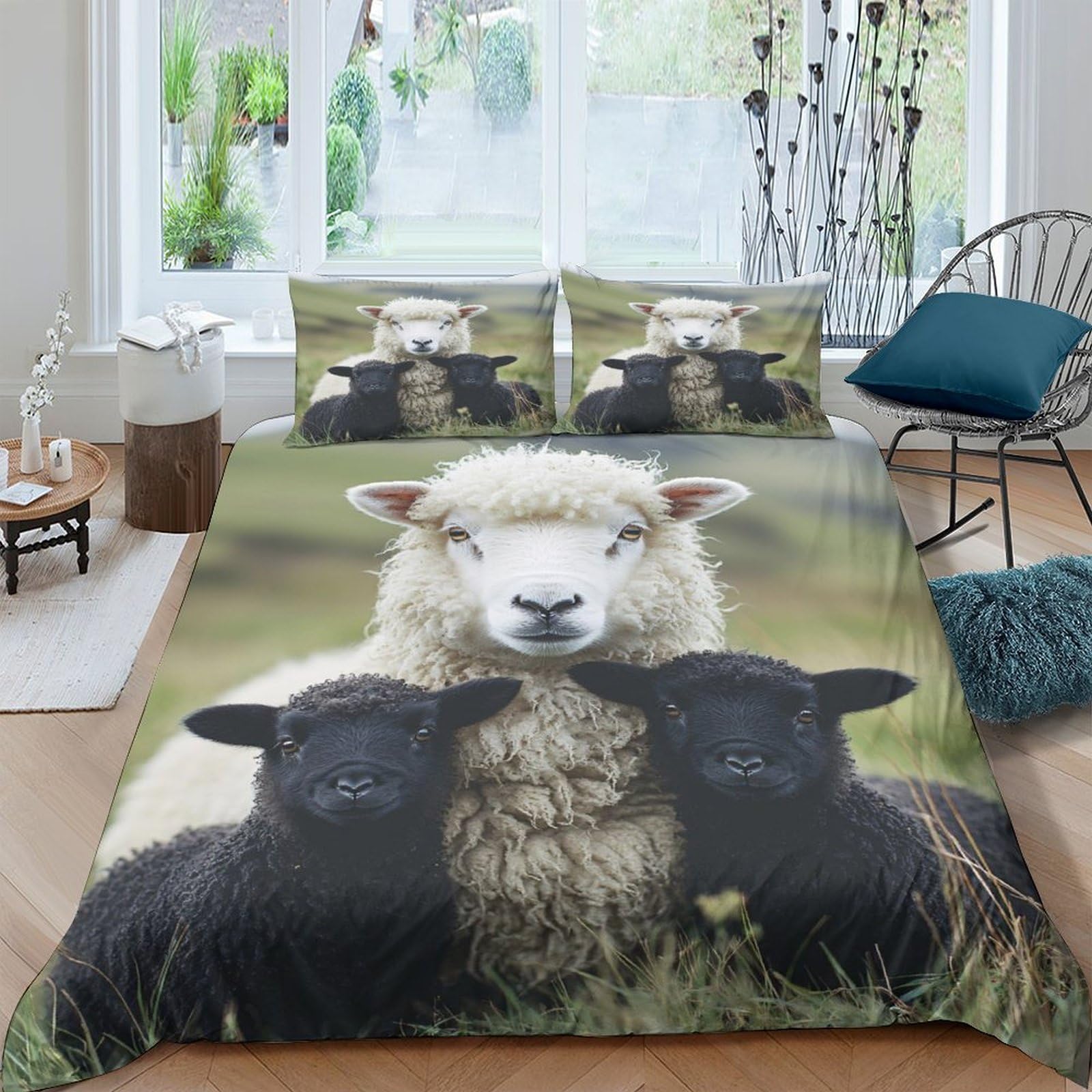 Ctjqhvkz Style-4 3D Printed White Sheep Fitted Sheet Microfiber Soft Black Lamb Bed Cover For Bedroom Guest Room Mattress Decor Single（135X200cm）