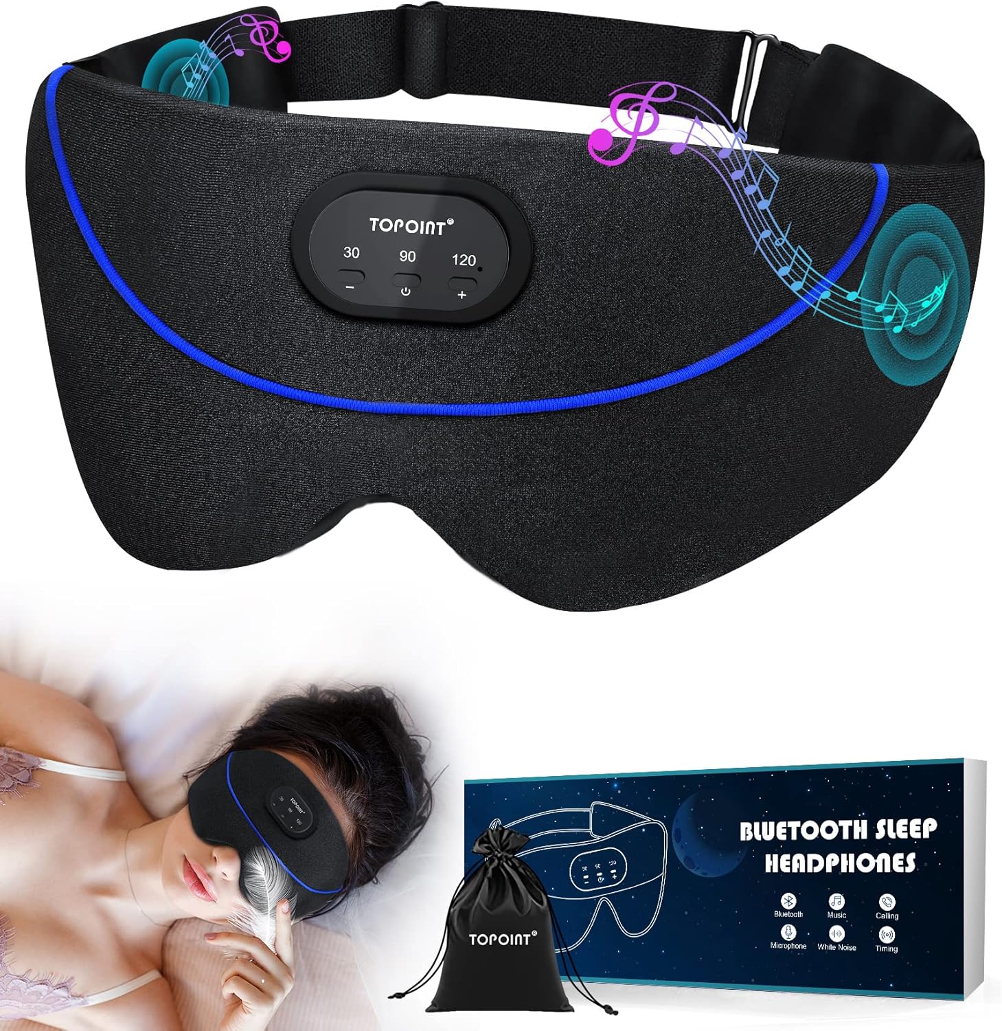 TOPOINT Bluetooth Sleep Mask, White Noise with 34 Soothing