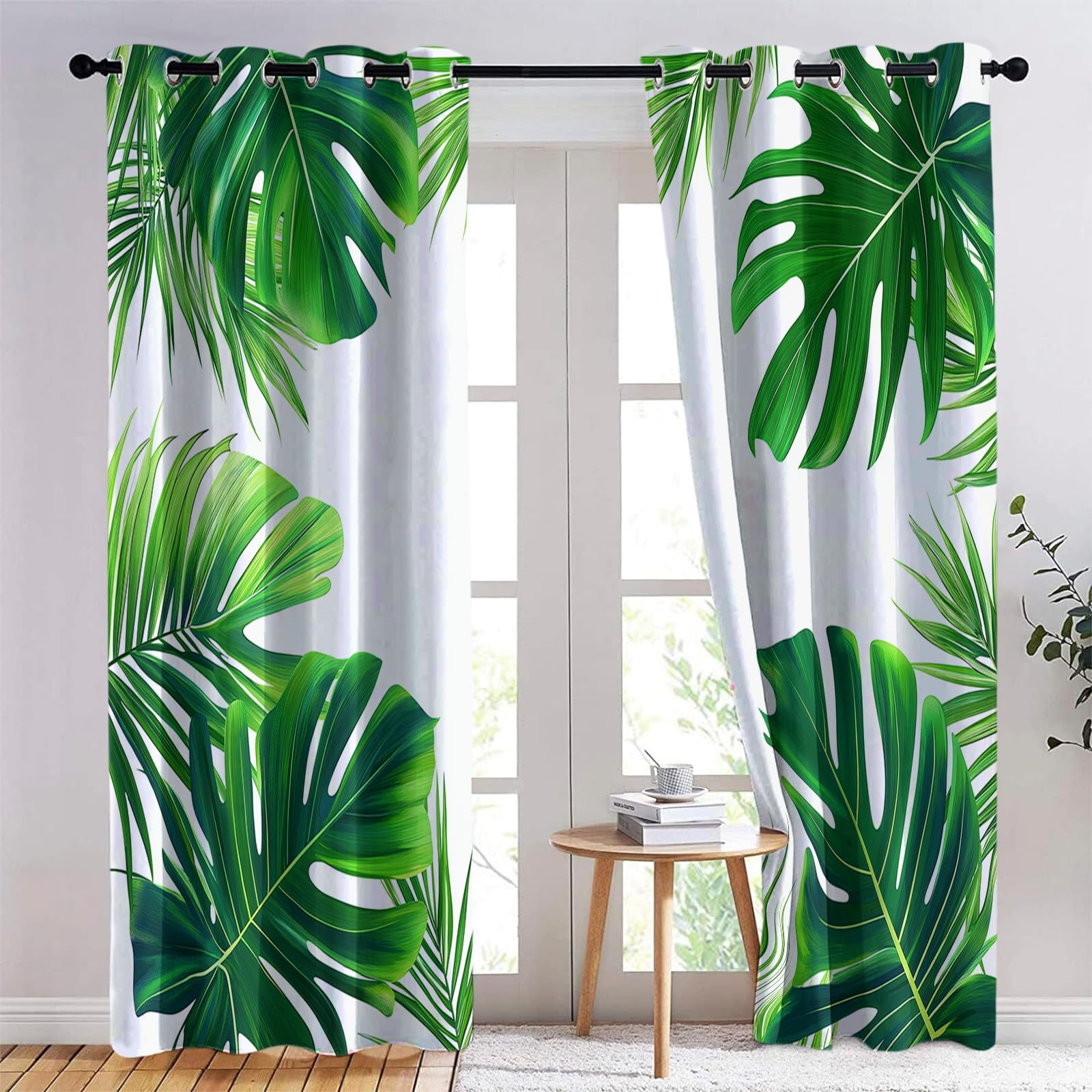 Tende Oscuranti per Interni Foglie Di Palma Verdi, 117x138 cm (LxA) 2 Pezzi Termica Isolante Poliestere Bianco Tenda della Finestra per Soggiorno Camera da Letto Cucina Cameretta Bambina