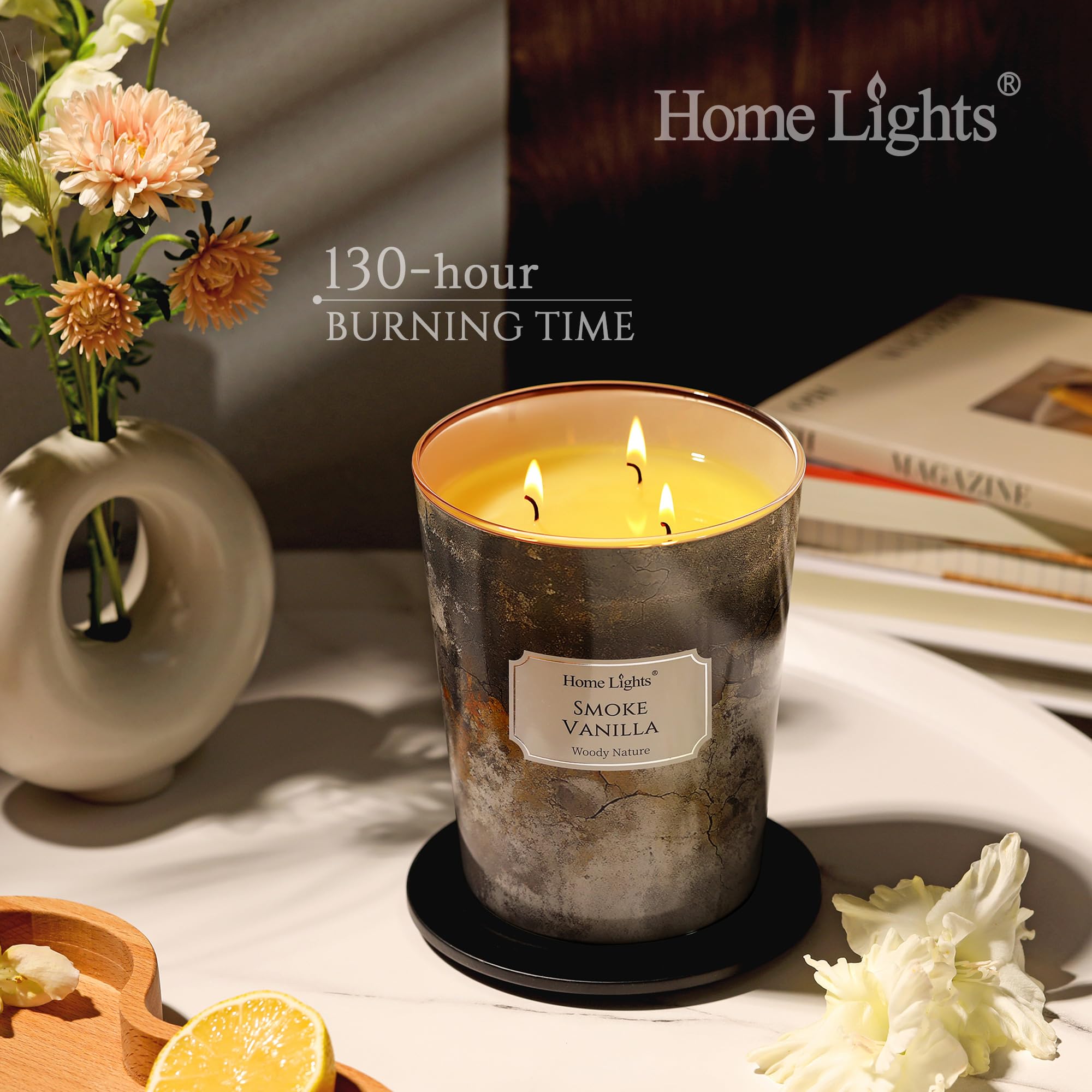 HomeLights Large Jar Candle | 3-Wick Long-Lasting Scented Candles, 34oz Natural Soy Wax Candle For Home Scented, Industrial Chic Gifts For Women & Men, Smoke Vanilla